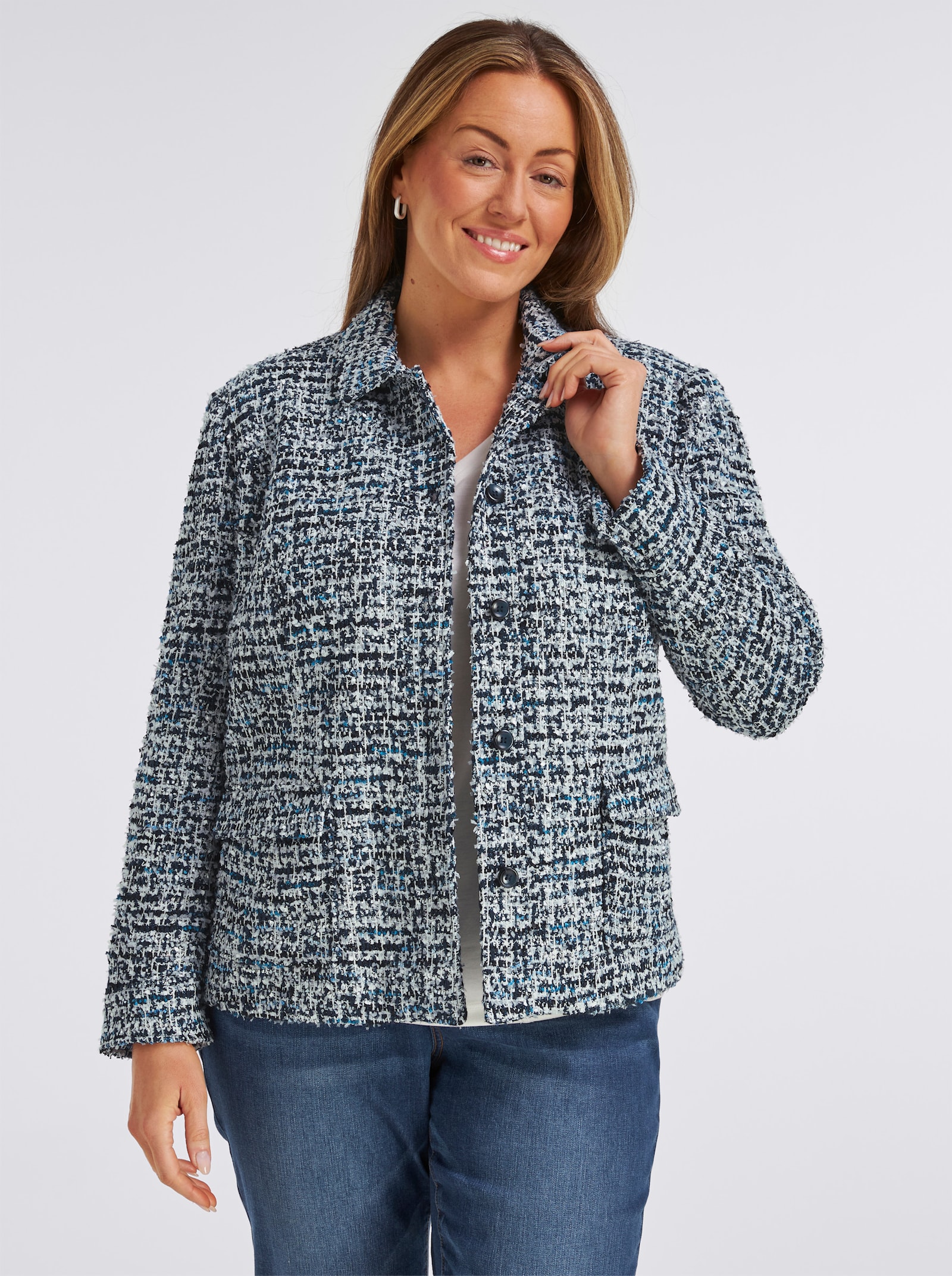Bouclé-Blazer mit Glanzgarnen - mittelblau-royalblau-gemustert