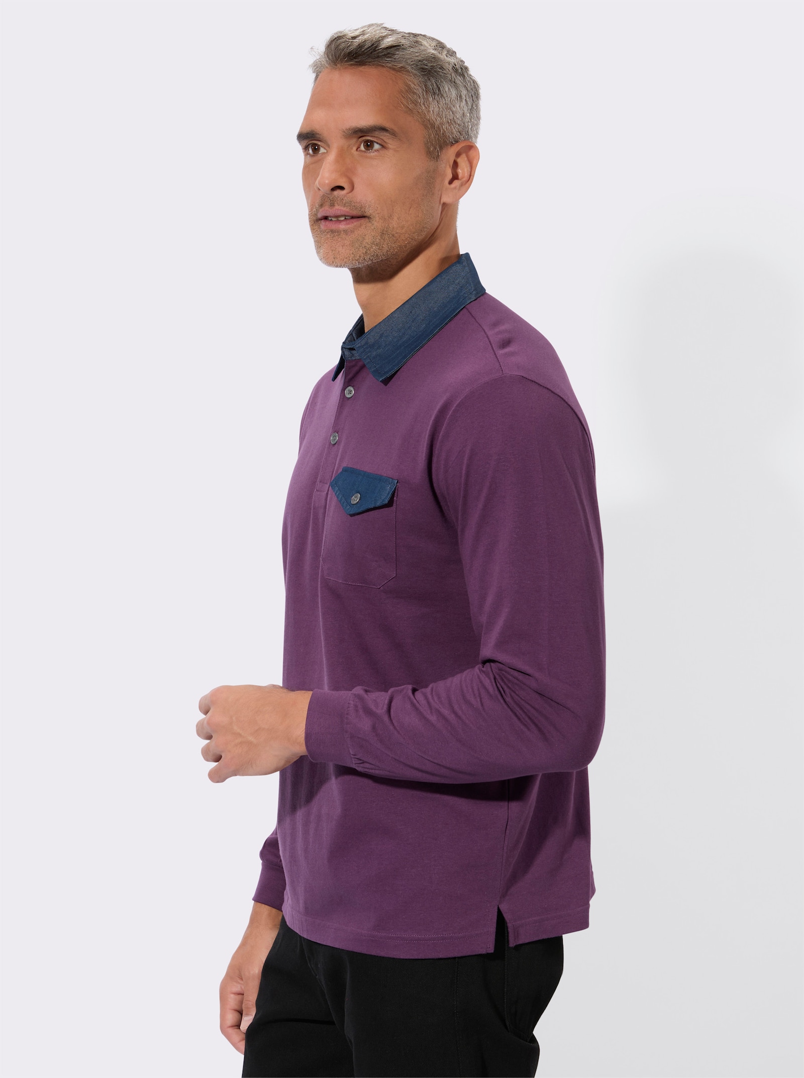 Langarm-Poloshirt mit gewebten Details - traube