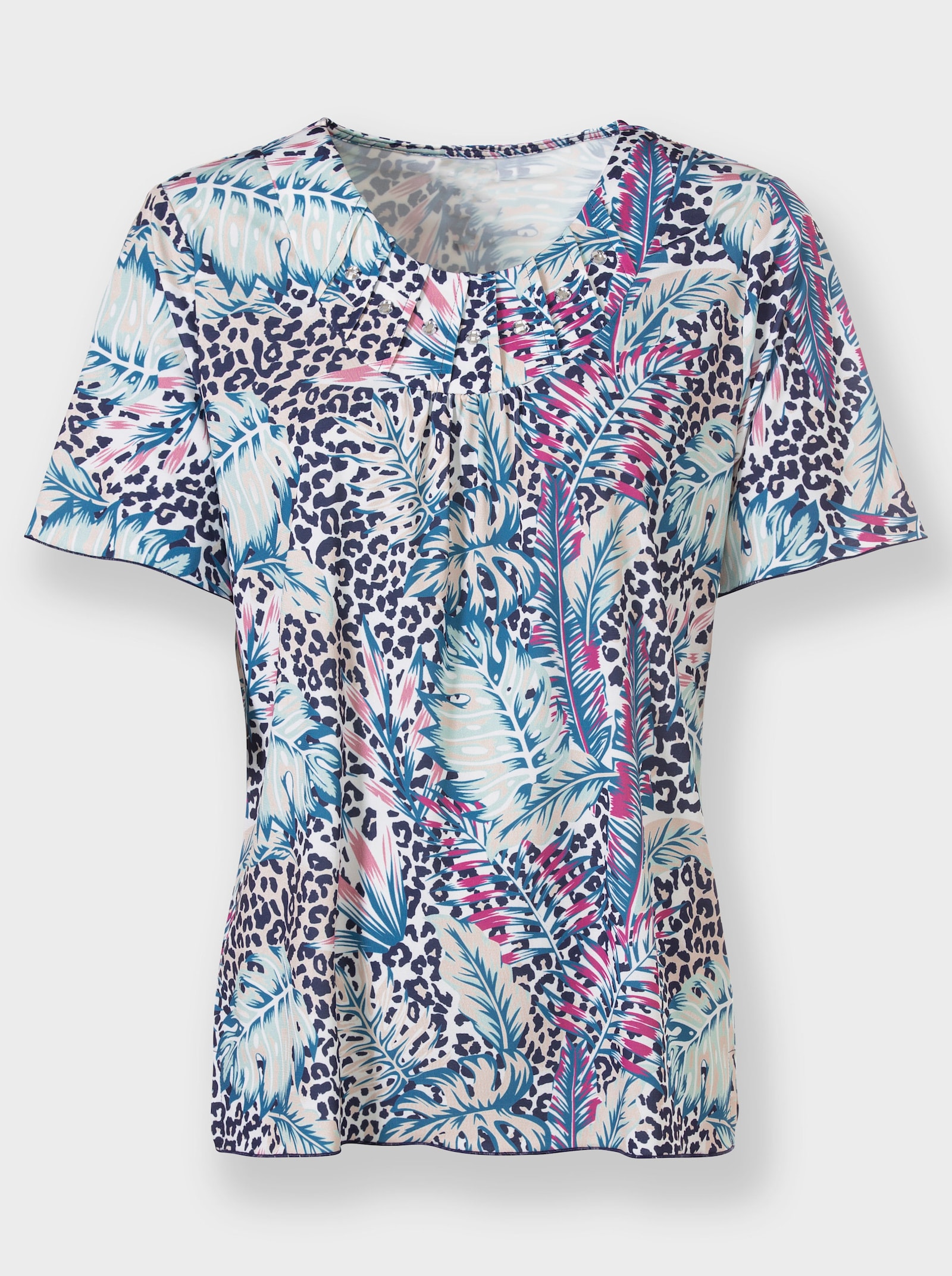 Shirt met ronde hals en patroonmix - ecru/marine geprint