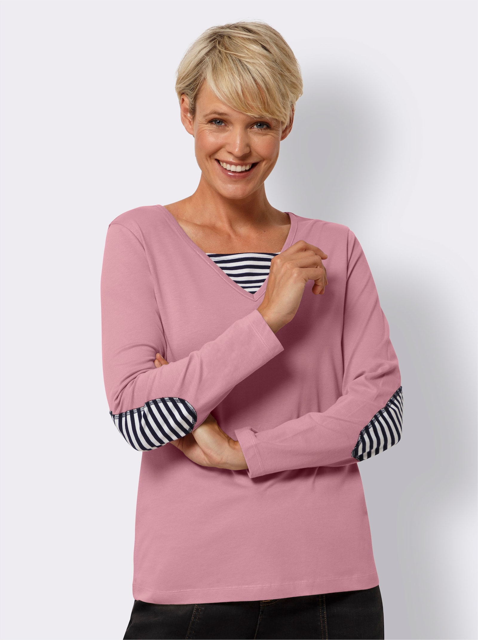  2-in-1-shirt met lange mouwen en gestreepte elleboogstukken - oudroze
