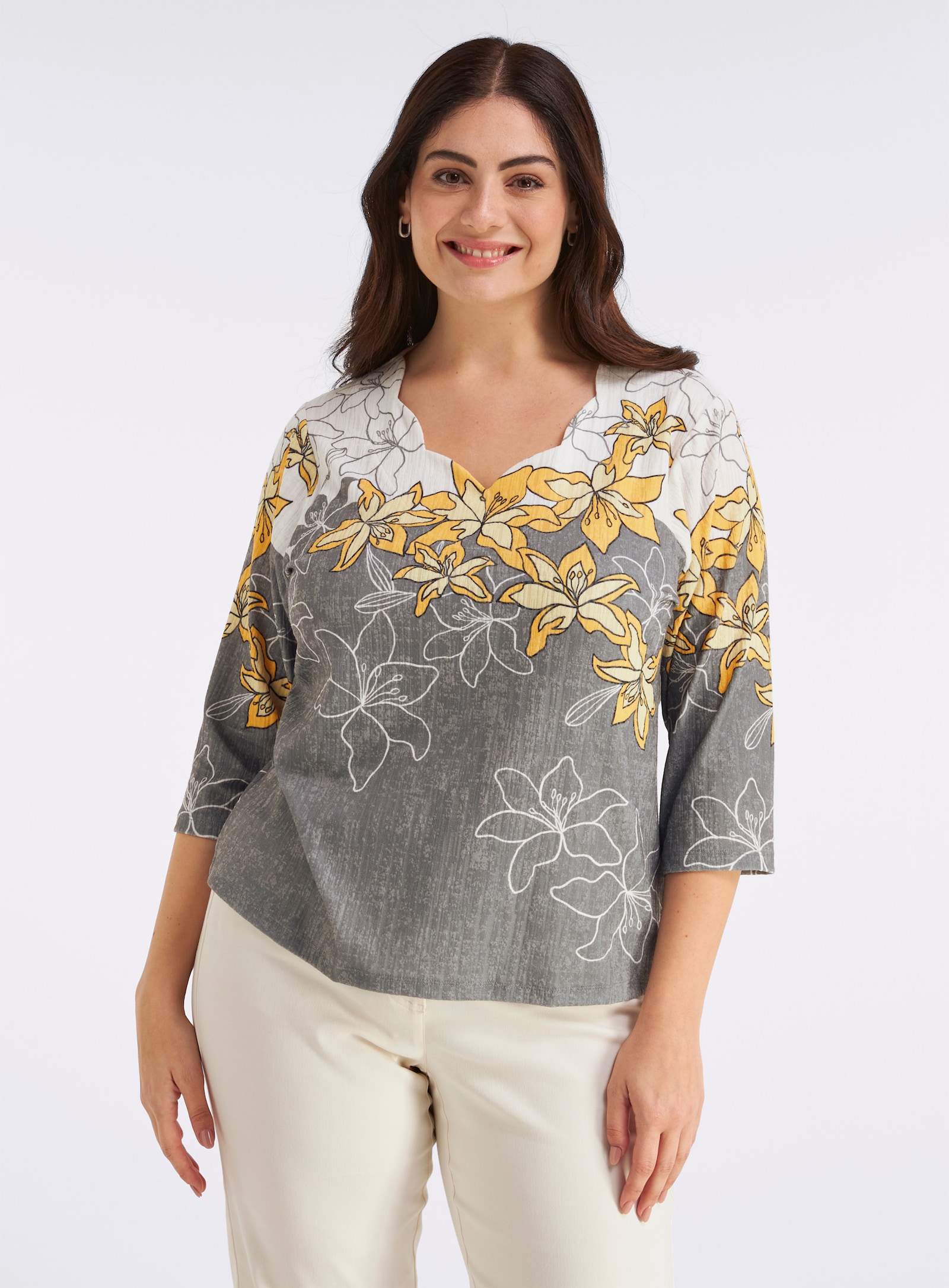 Print-Shirt mit gebogten Kanten - sonnengelb-schwarz-bedruckt