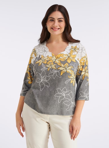 Print-Shirt mit gebogten Kanten - sonnengelb-schwarz-bedruckt