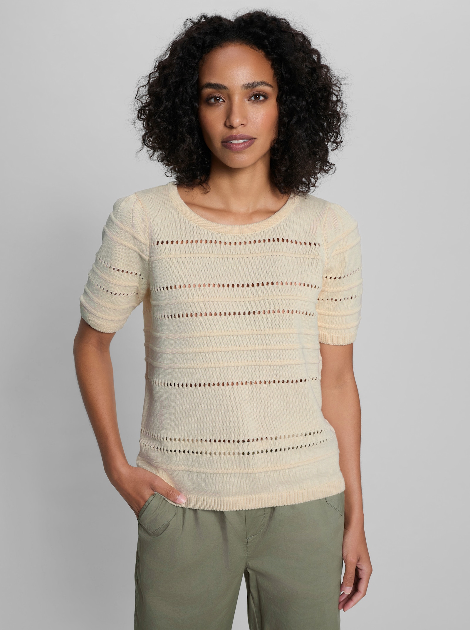 heine Kurzarmpullover mit Ajourstrick - champagner