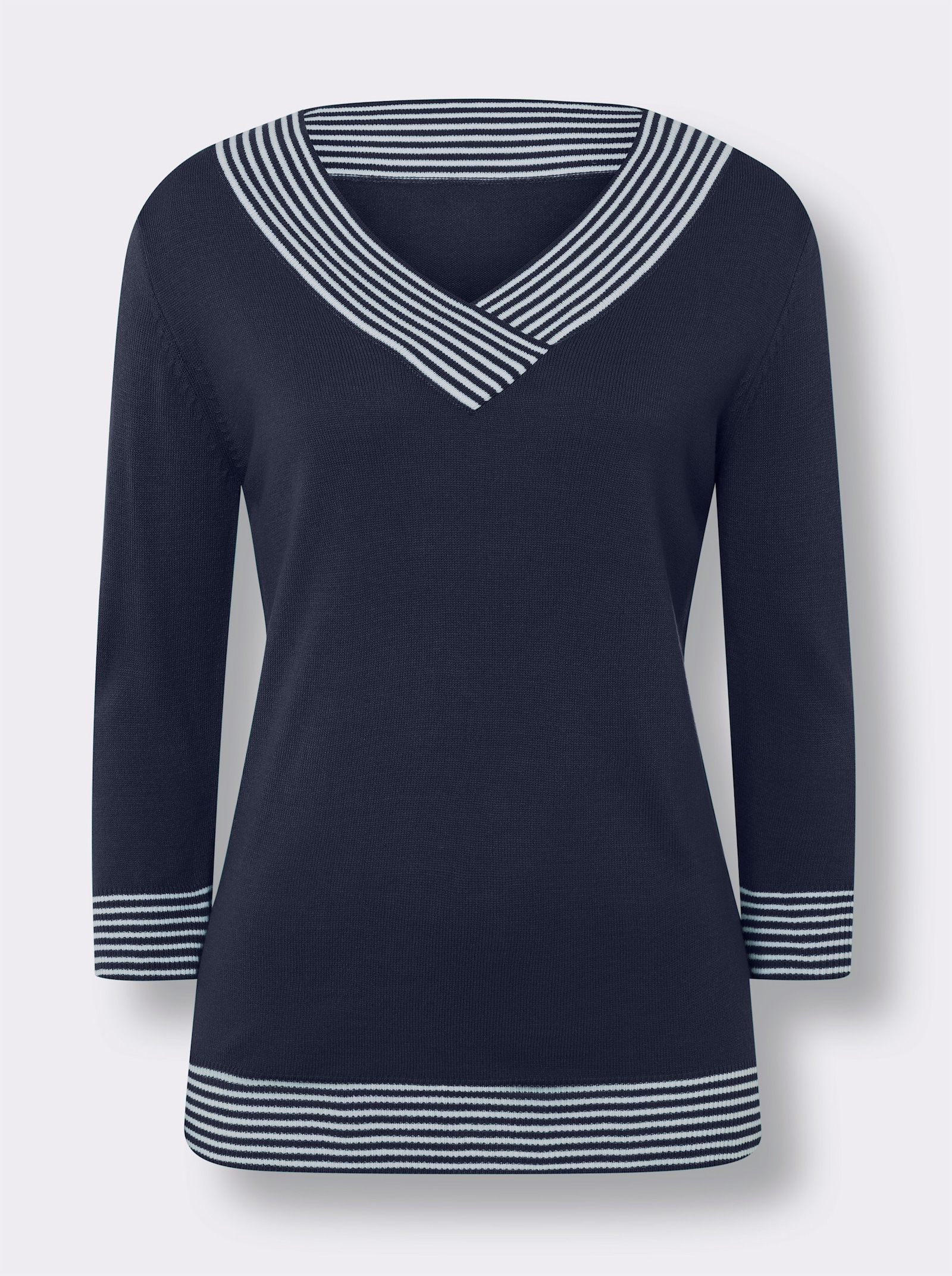 3/4 Arm-Pullover mit V-Ausschnitt - marine-weiß