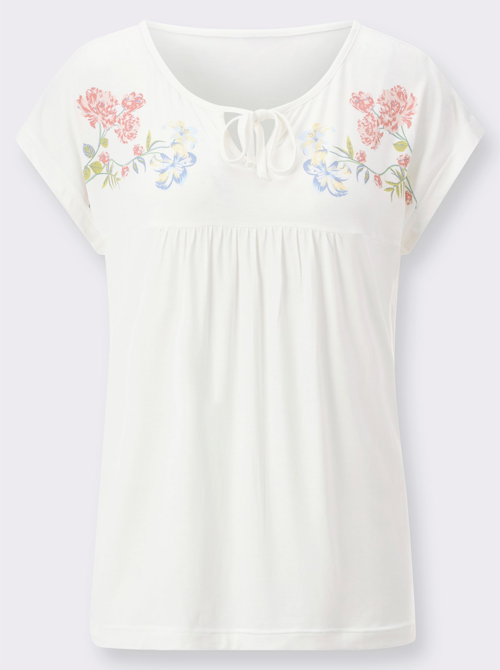 Rundhalsshirt mit floralem Print - ecru-puder