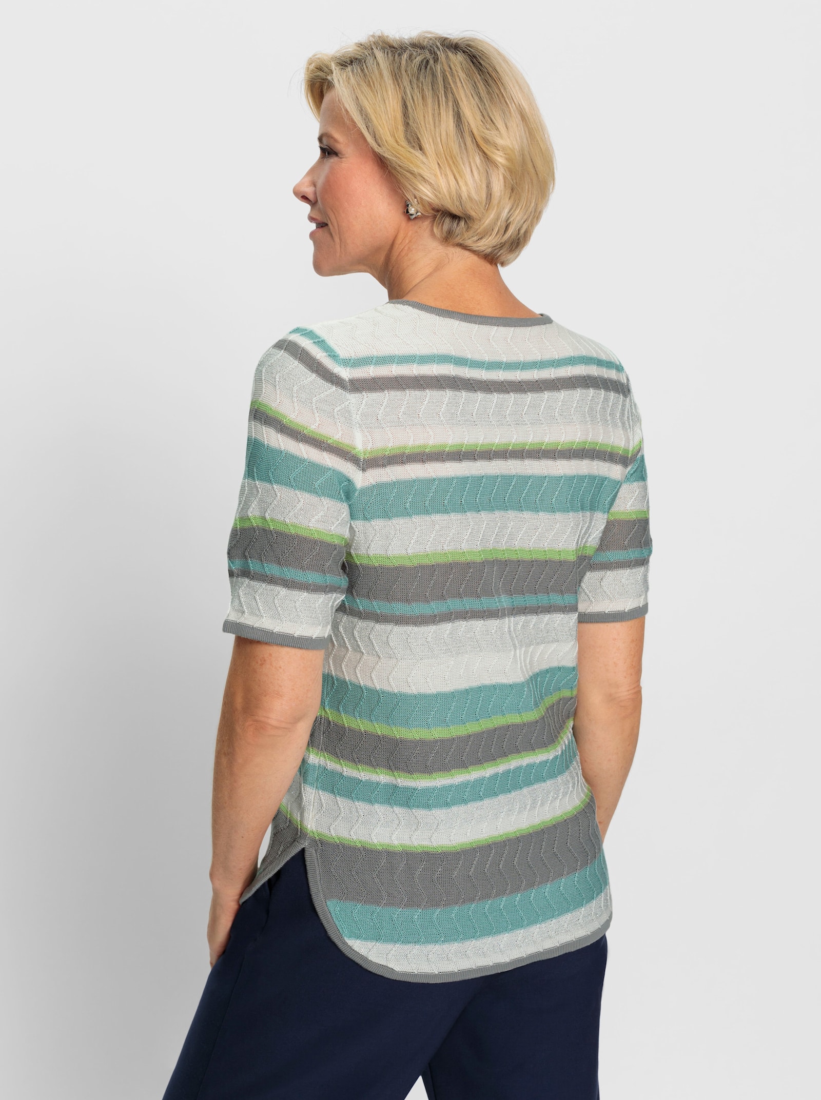 Kurzarmpullover im aufwendigen Strickmuster - mint-ecru-geringelt