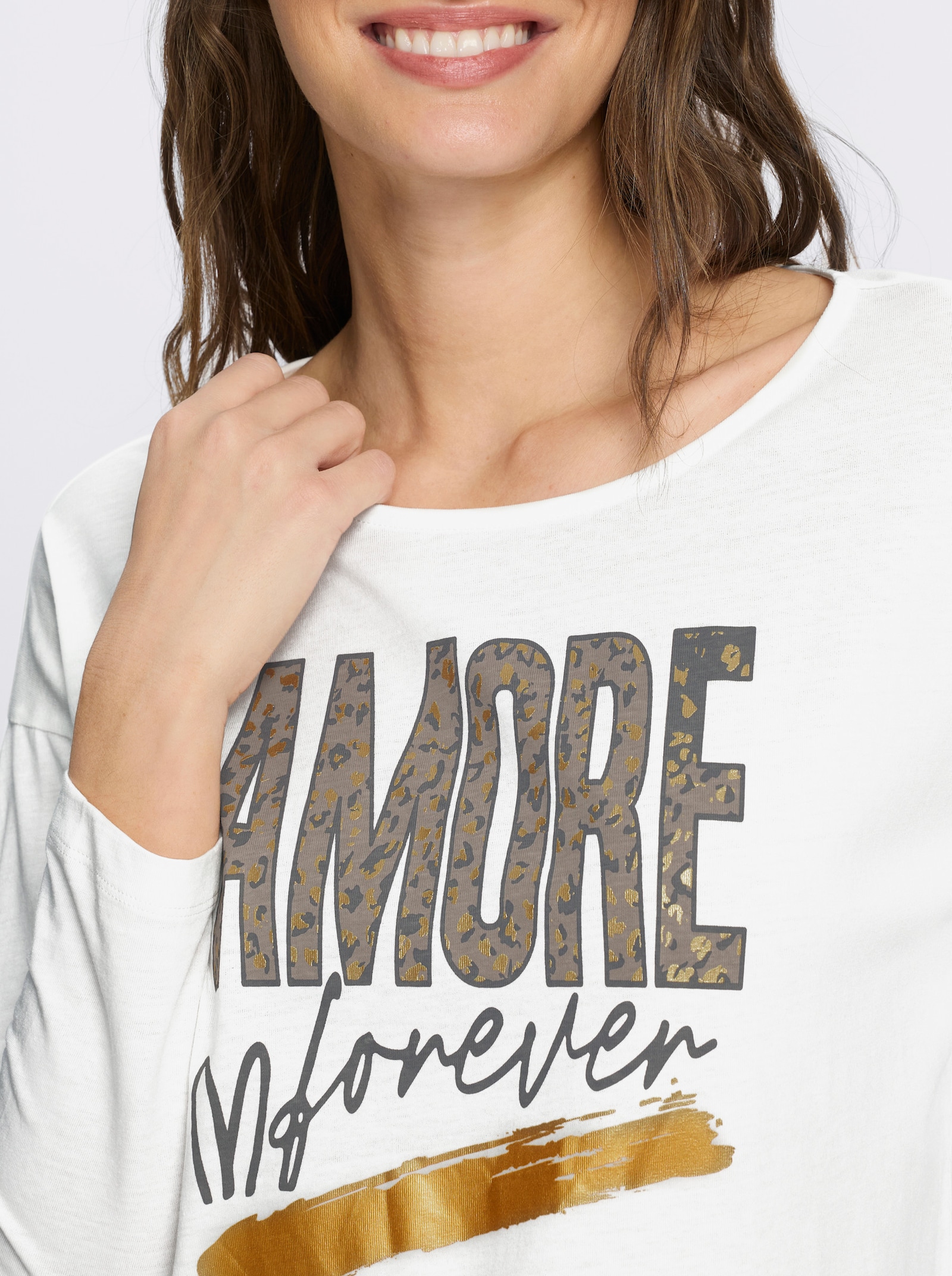 Langarmshirt mit goldfarbenem Amore-Print - ecru-taupe