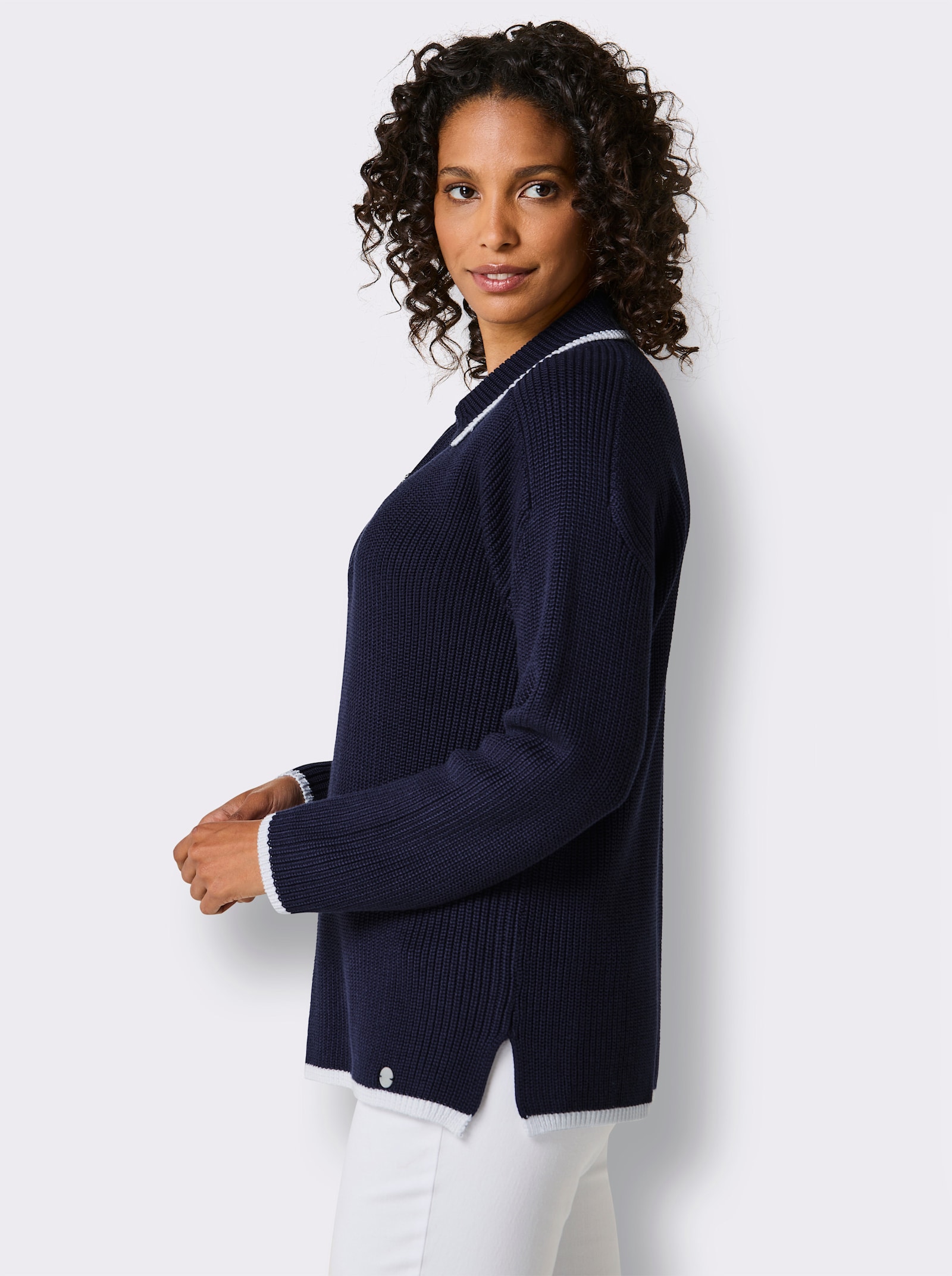 CREATION L PREMIUM Polopullover in Feinripp-Struktur - marine