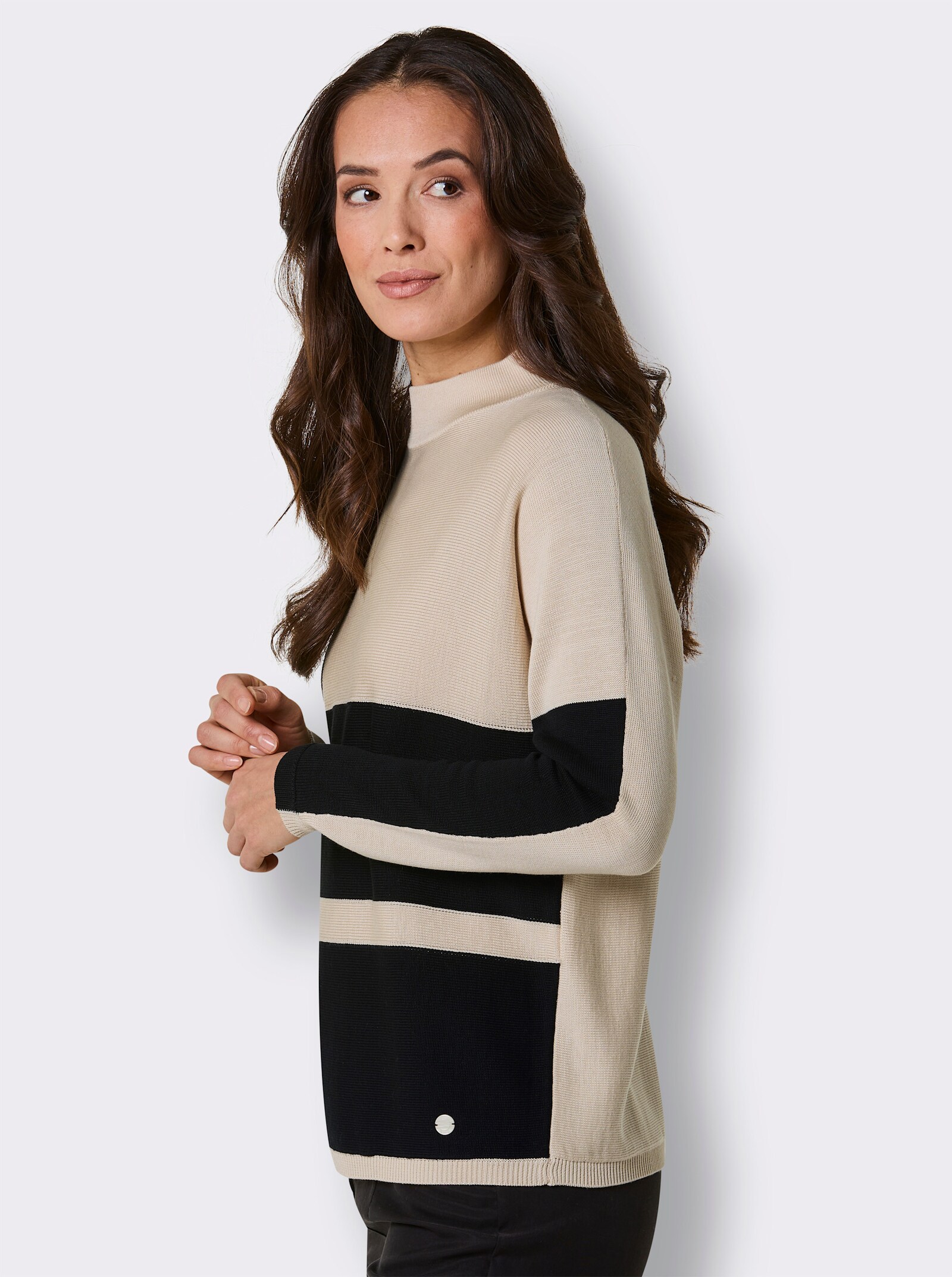 CREATION L PREMIUM Stehkragenpullover mit Intarsien-Dessin - elfenbein-schwarz-gemustert