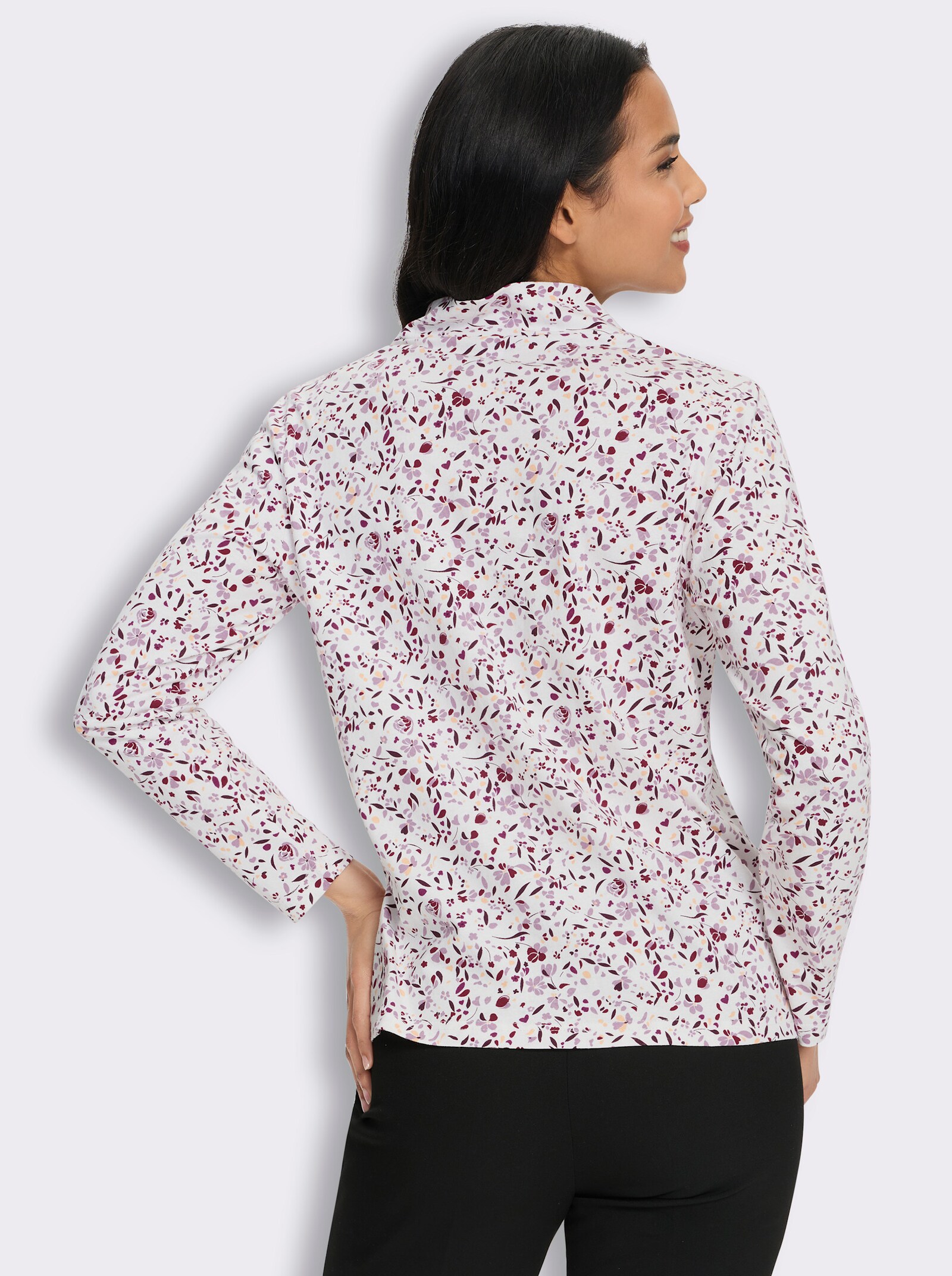 Stehkragenshirt in floralem Dessin - ecru-burgund-bedruckt