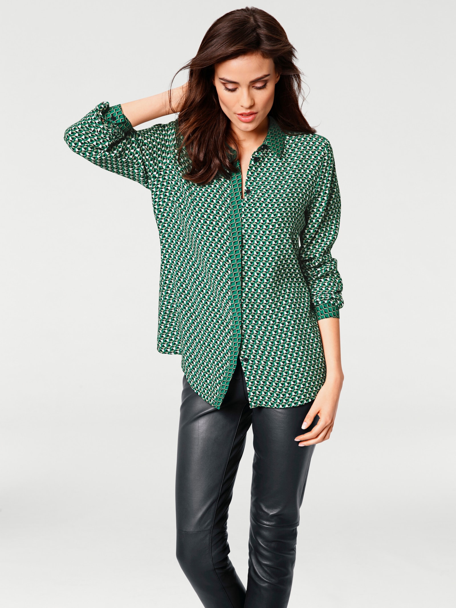 heine Hemdbluse im Minimal-Dessin - dunkelgrün-taupe