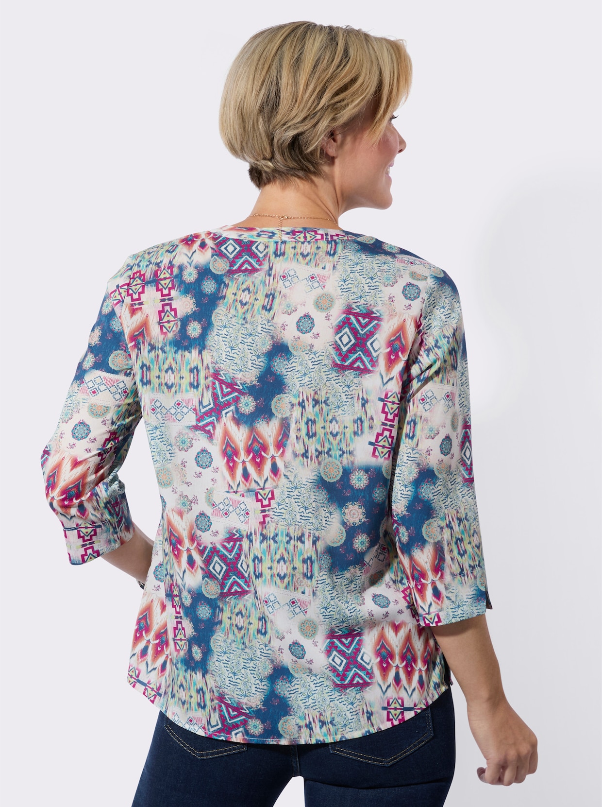 Schlupfbluse - jeansblau-magenta-bedruckt