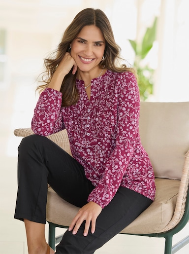 Langarmshirt mit Rüschen am Ausschnitt - bordeaux-ecru-bedruckt