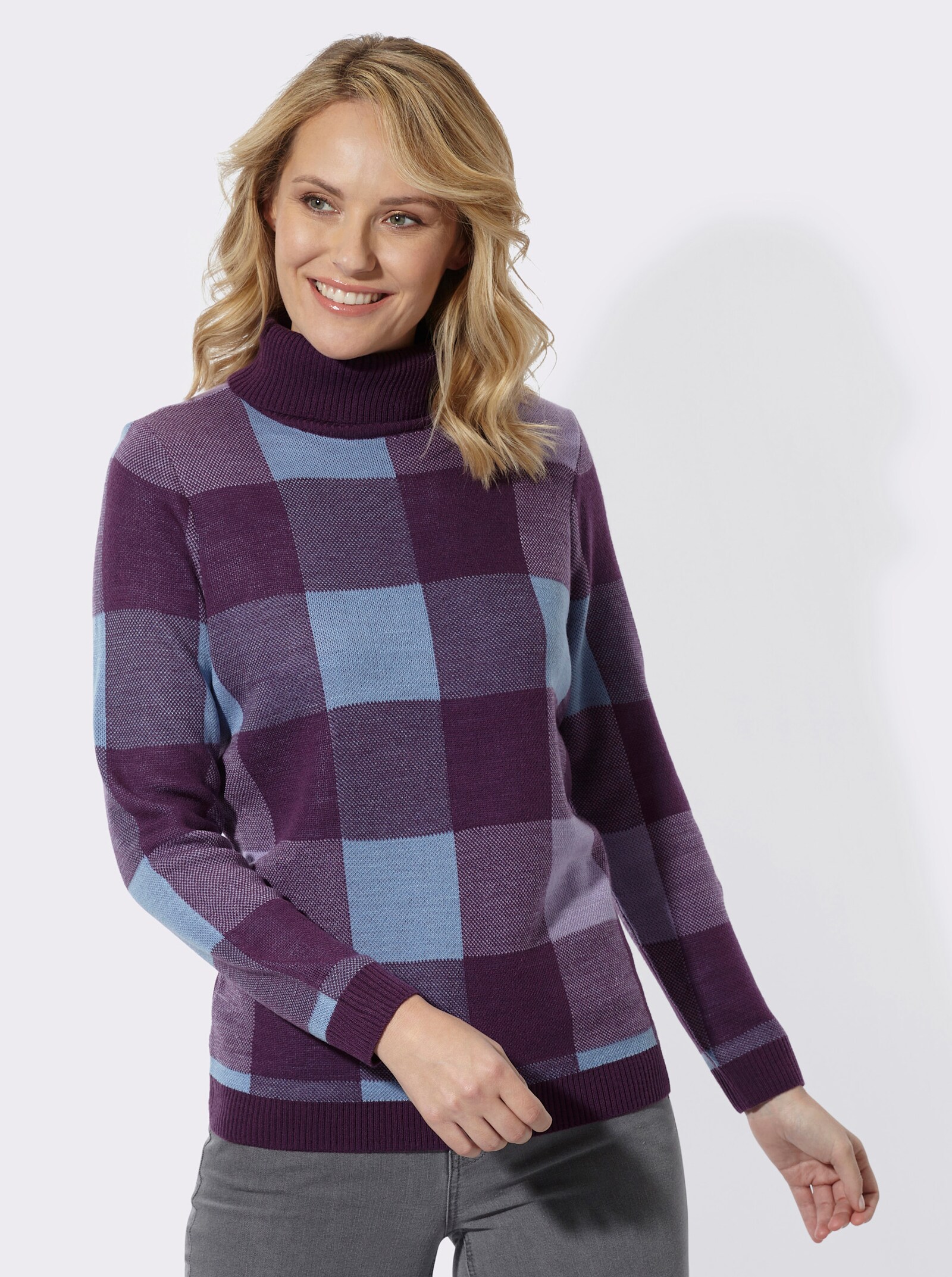 Rollkragenpullover mit Jacquard-Muster - traube-himmelblau-gemustert