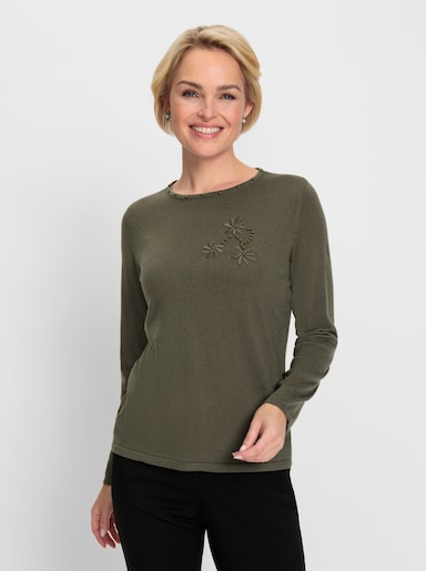 Langarm-Pullover mit floraler Stickerei - khaki