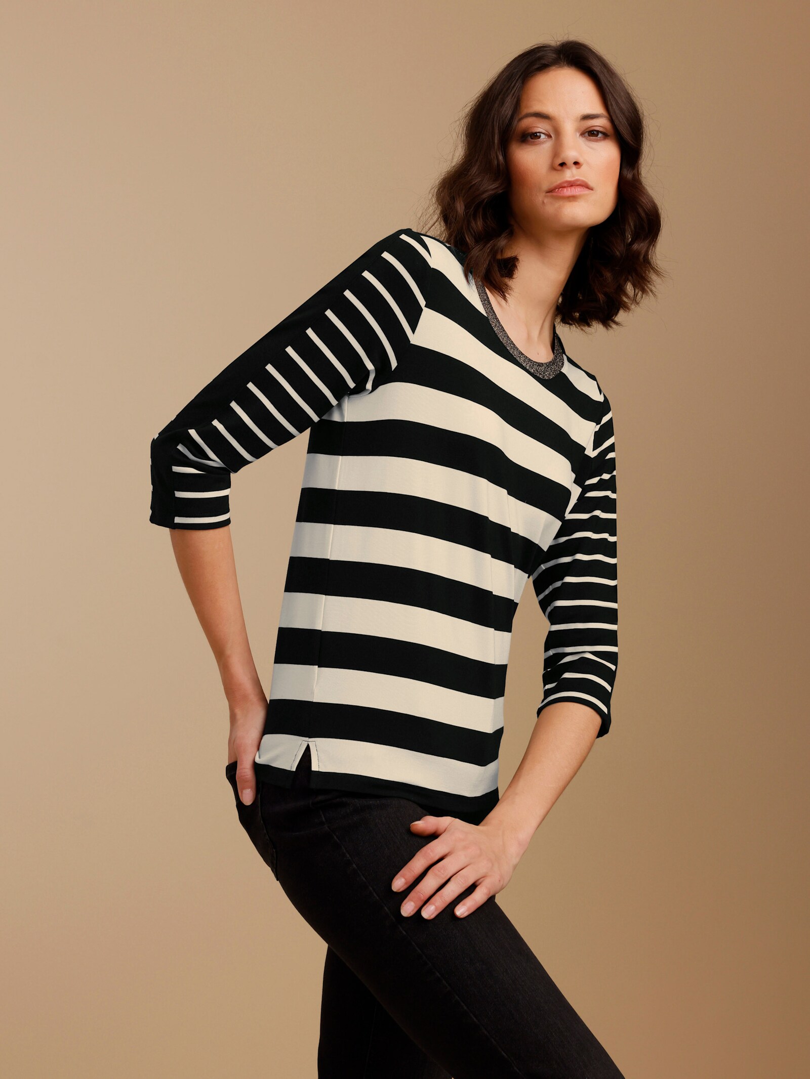 CREATION L PREMIUM Ringelshirt mit Glanzgarn - schwarz-elfenbein-gestreift