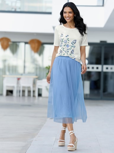 Kurzarmshirt mit Blumenmotiv - ecru-himmelblau-bedruckt