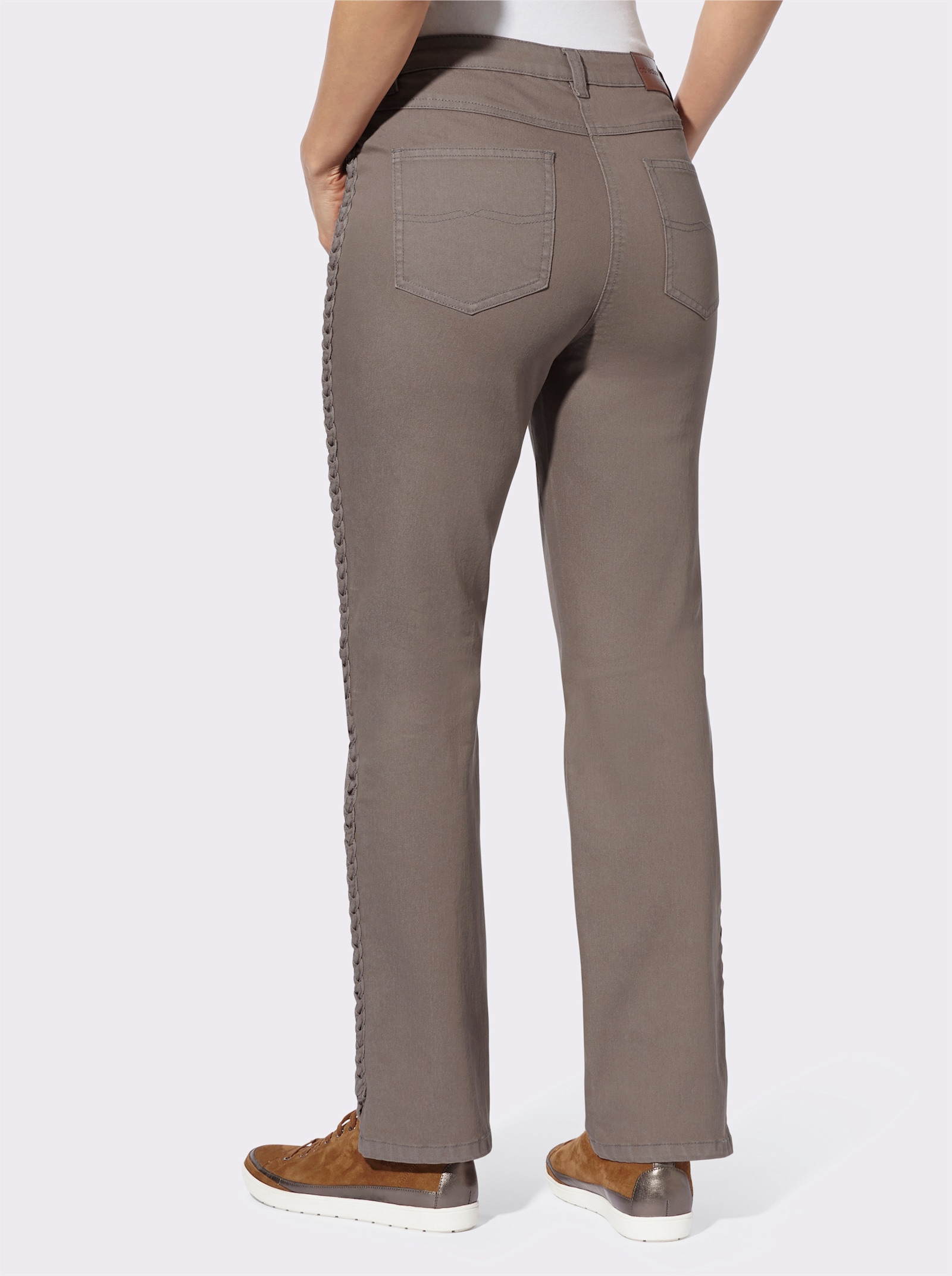 5-pocketjeans met siervlechtwerk aan de zijkanten - taupe/denim