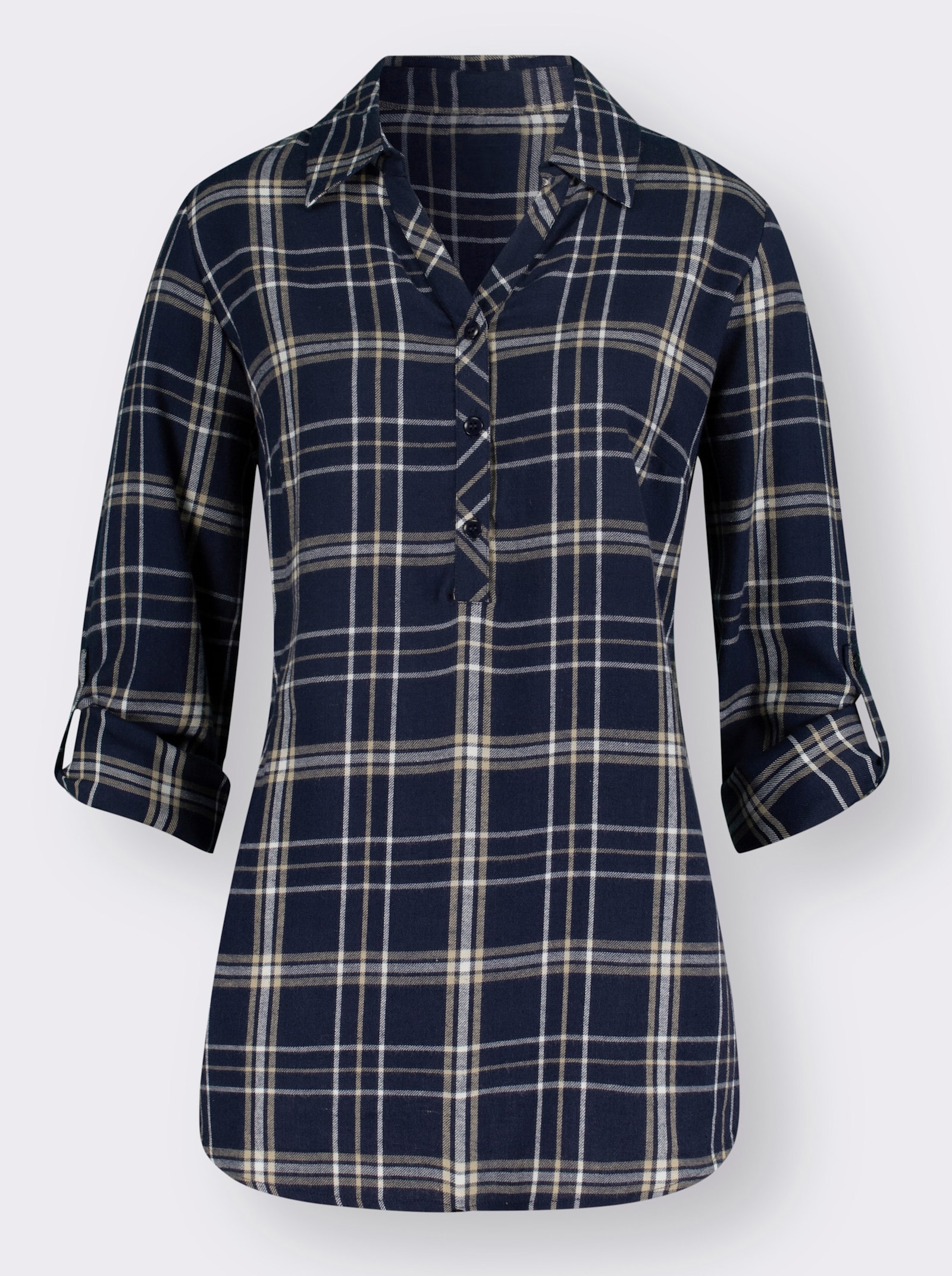 Flanellen blouse met opstroopbare mouwen - marine/wit geruit