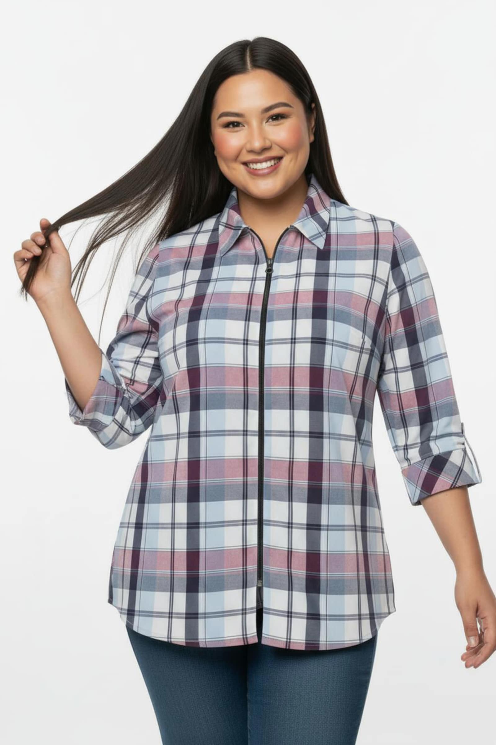 Karobluse mit Reißverschluss - fuchsia-marine-kariert