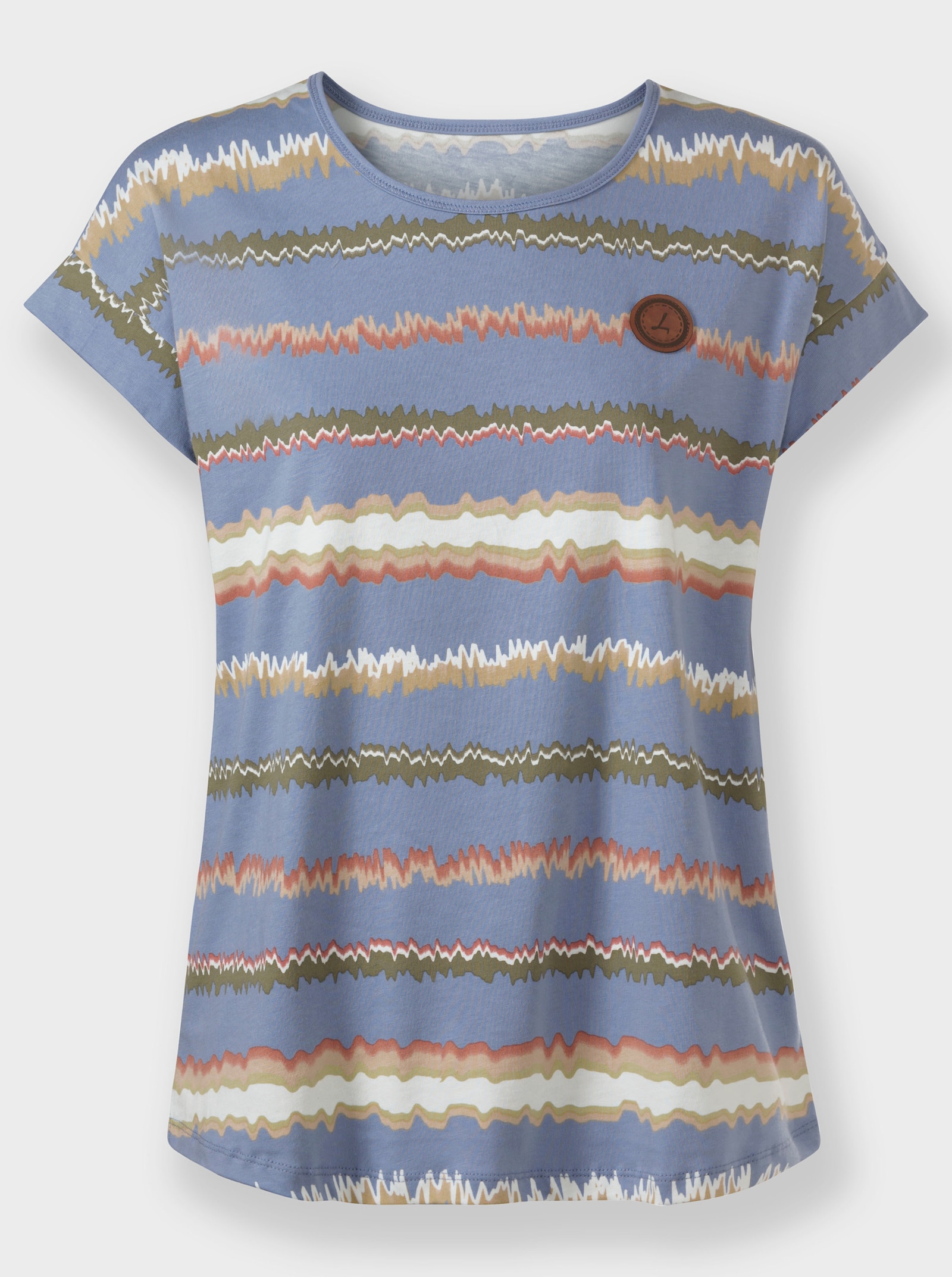 Print-Shirt mit Ziernähten, geringelt - taubenblau-ecru-bedruckt