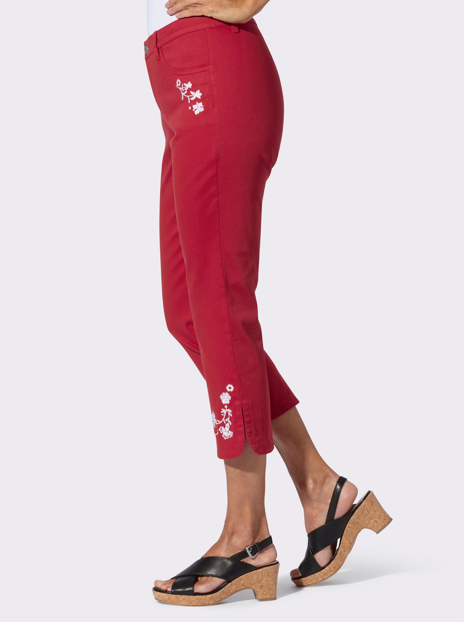 7/8 džíny s květinovou výšivkou - červená