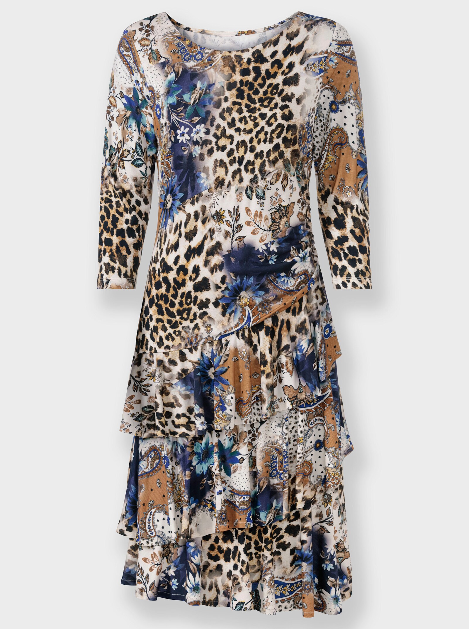 heine Druckkleid mit seitlicher Raffung - schwarz-camel-bedruckt