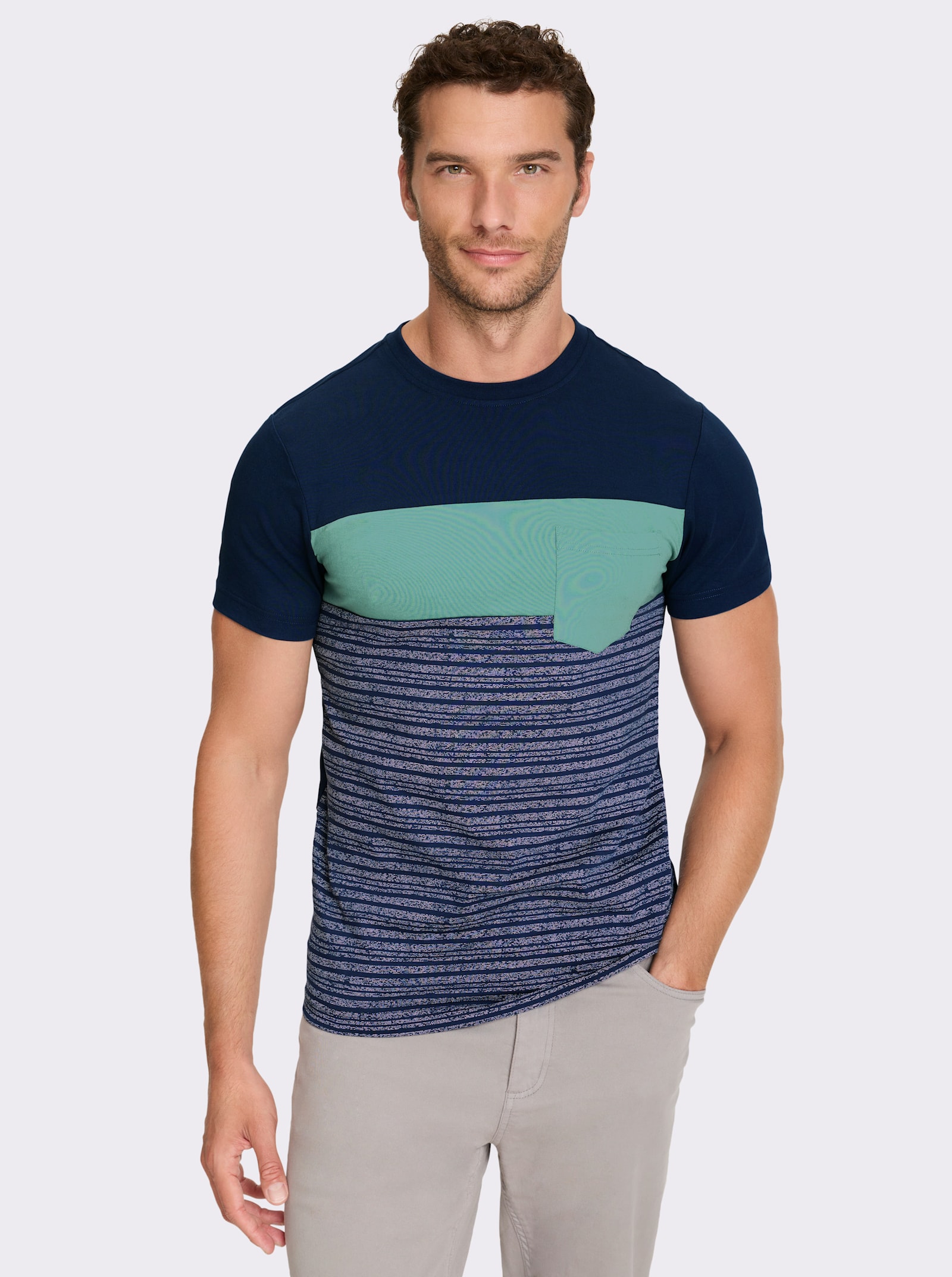 Catamaran Kurzarmshirt mit geripptem Ausschnitt - dunkelblau-salbei-gestreift