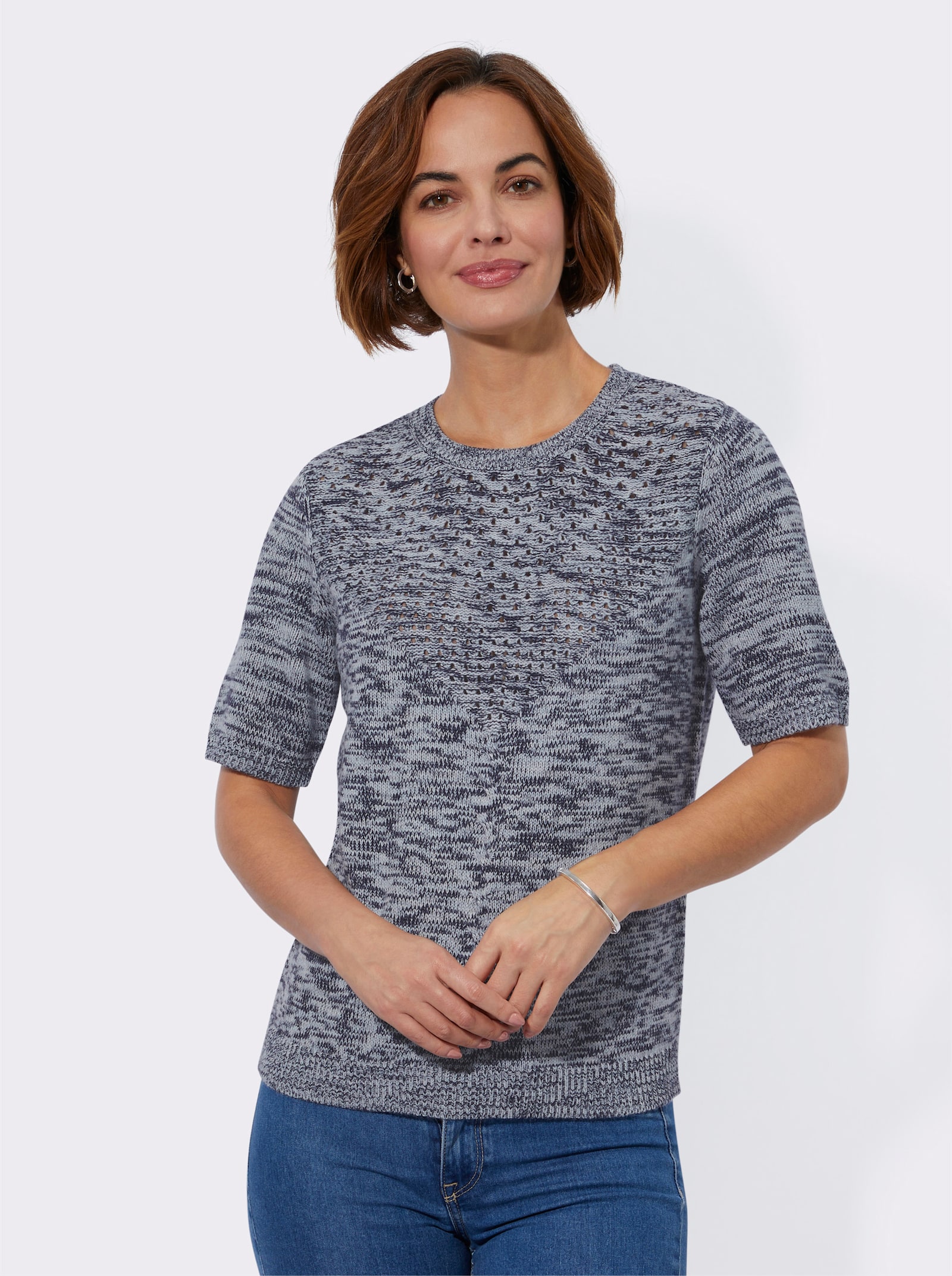 Ajourpullover aus Melange-Garn - hellblau-ecru-meliert