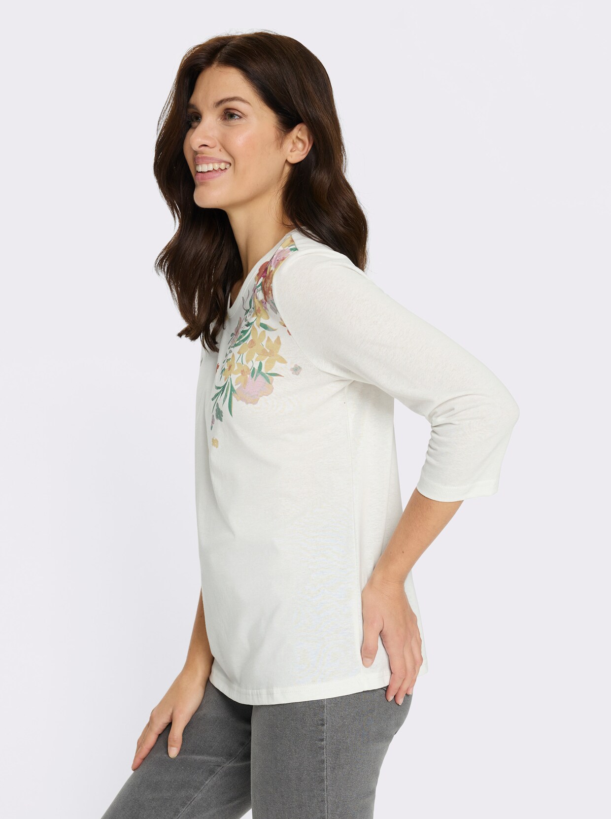 3/4-Arm-Shirt mit floralem Druckmuster - ecru-zitrone-bedruckt