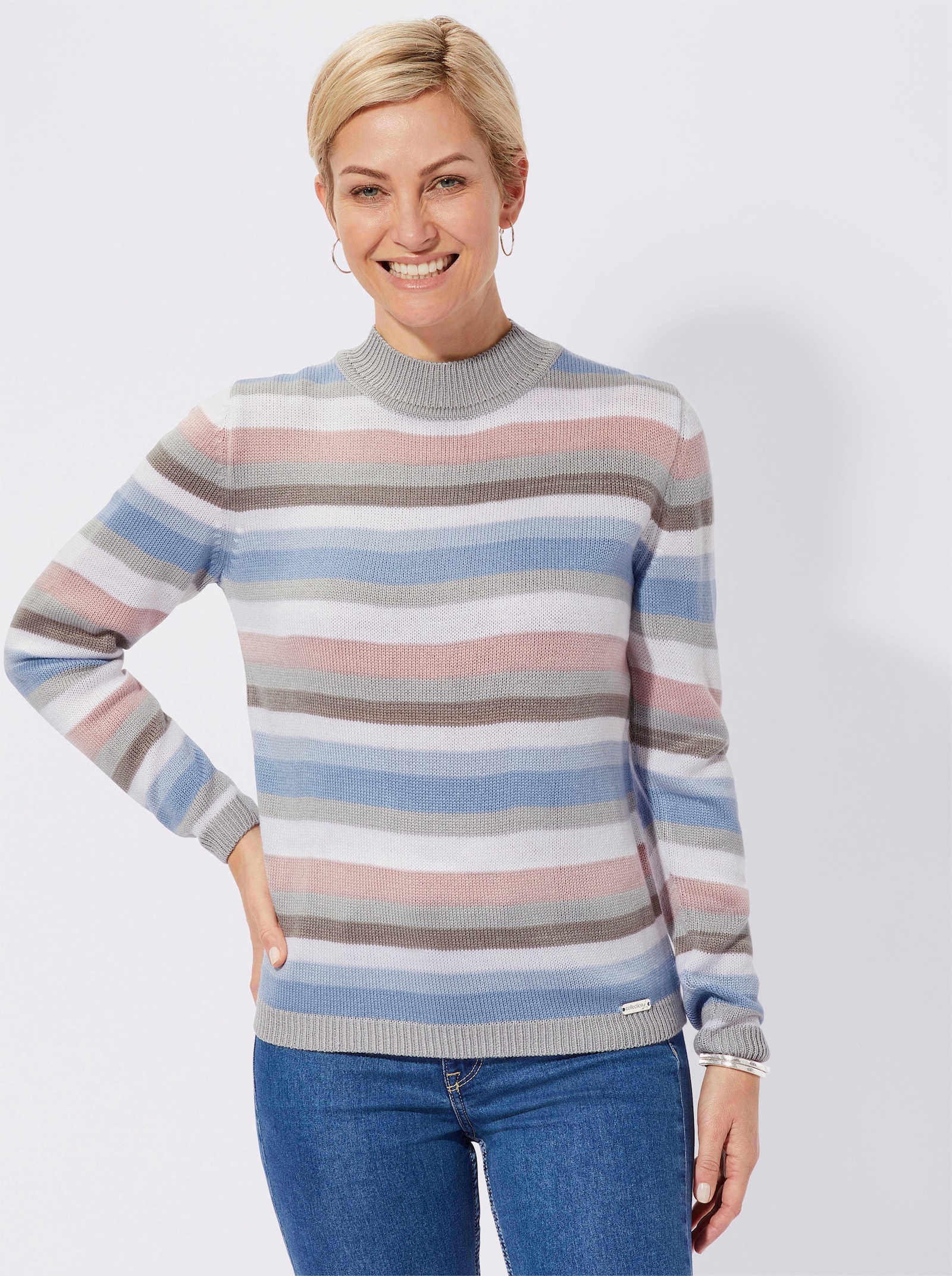 Stehkragenpullover mit geripptem Saum, Ringel-Druck - rosé-bleu-geringelt