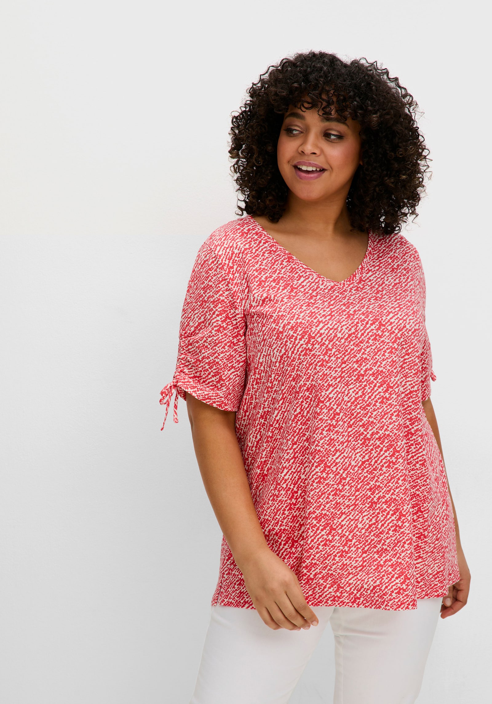 sheego T-Shirt im Doppelpack, mit Tunnelzug am Ärmel - schwarz+hummer gemustert