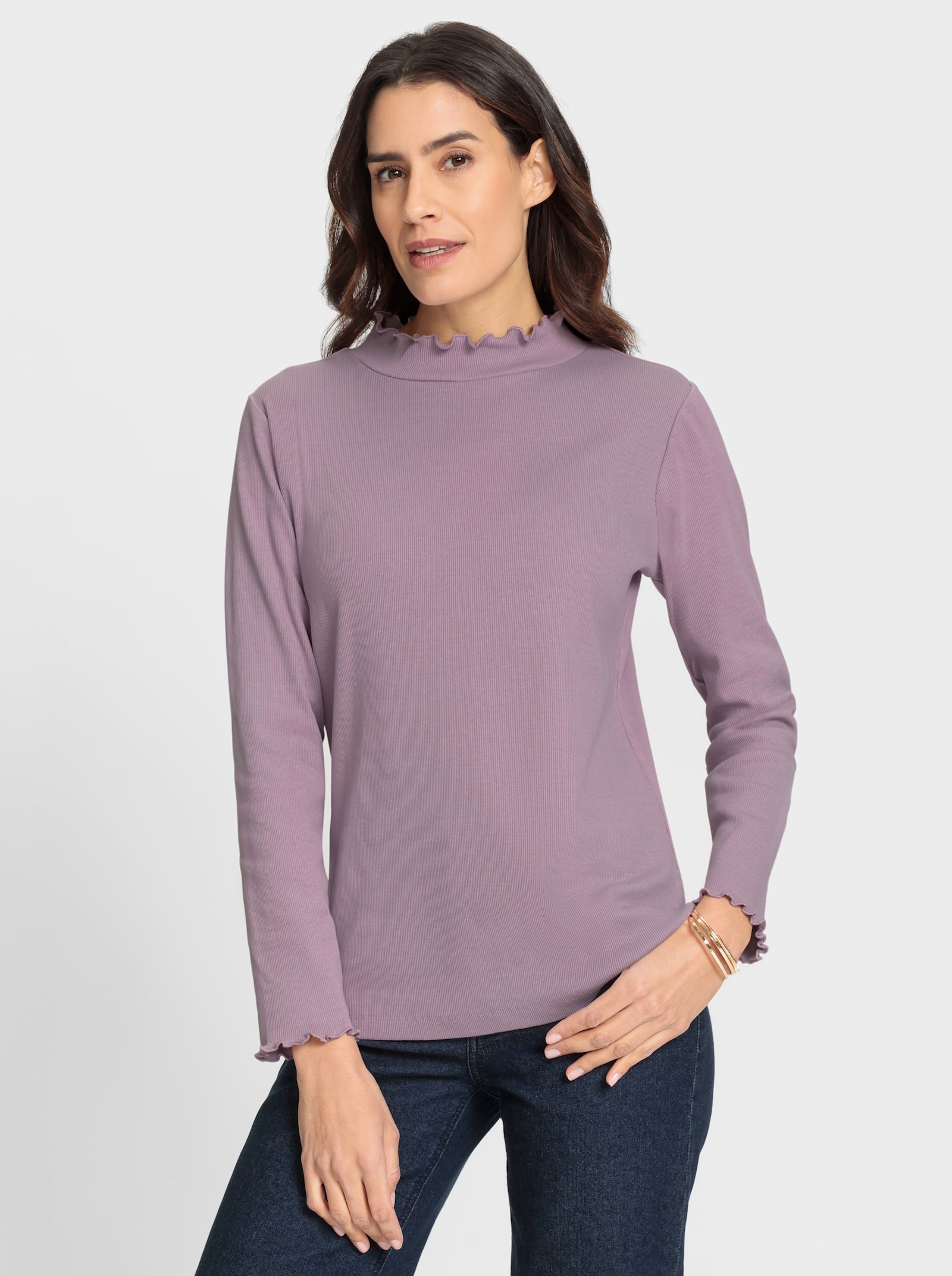 Stehkragenshirt in Rippen-Optik - mauve