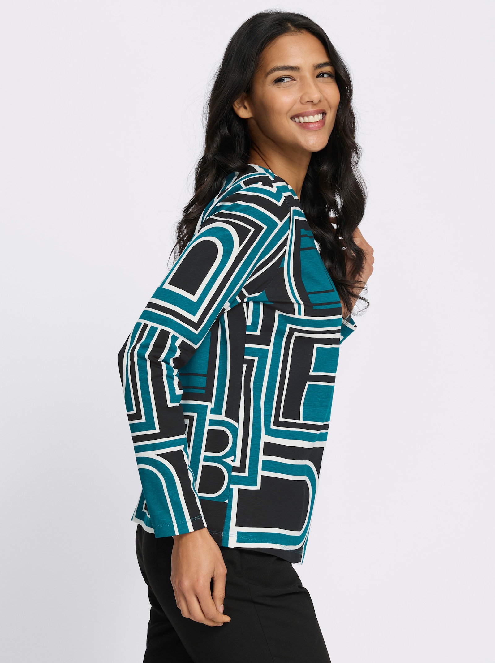 Langarmshirt mit grafischem Druck - aquapetrol-schwarz-bedruckt