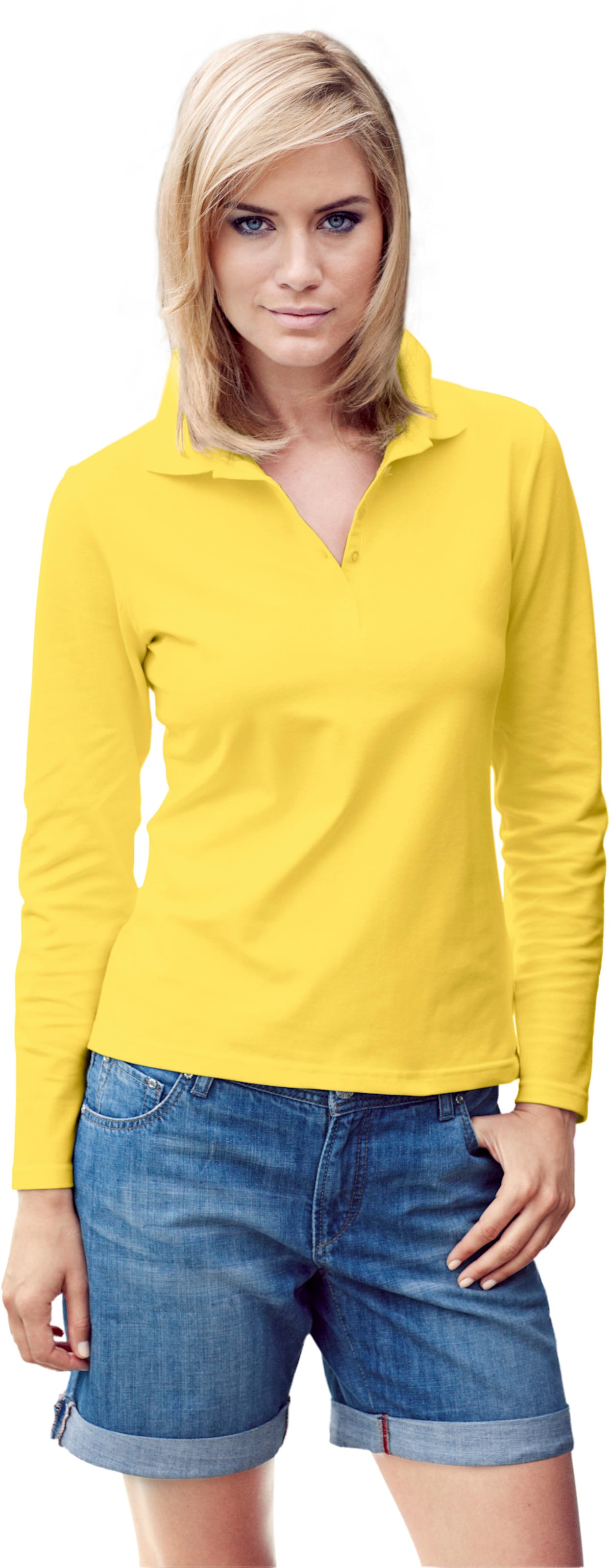 Lang Shirt  günstig Kaufen-Poloshirt in gelb von heine. Poloshirt in gelb von heine <![CDATA[Poloshirt Klassischer Langarm-Polo. Tolles Basic, ob solo oder als Kombipartner. Figurnahe, leicht taillierte Form. Herrlich weiche, sommerliche Pikee-Qualität.]]>. 