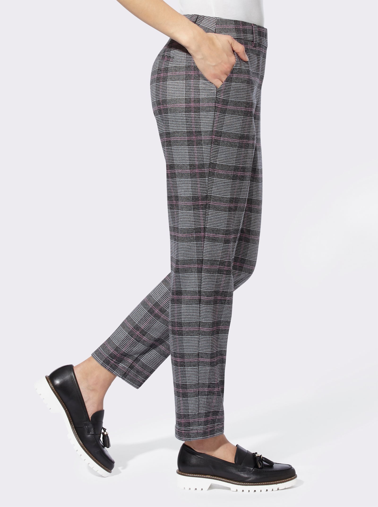 heine Karohose mit Umschlag am Beinabschluss - anthrazit-pink-kariert