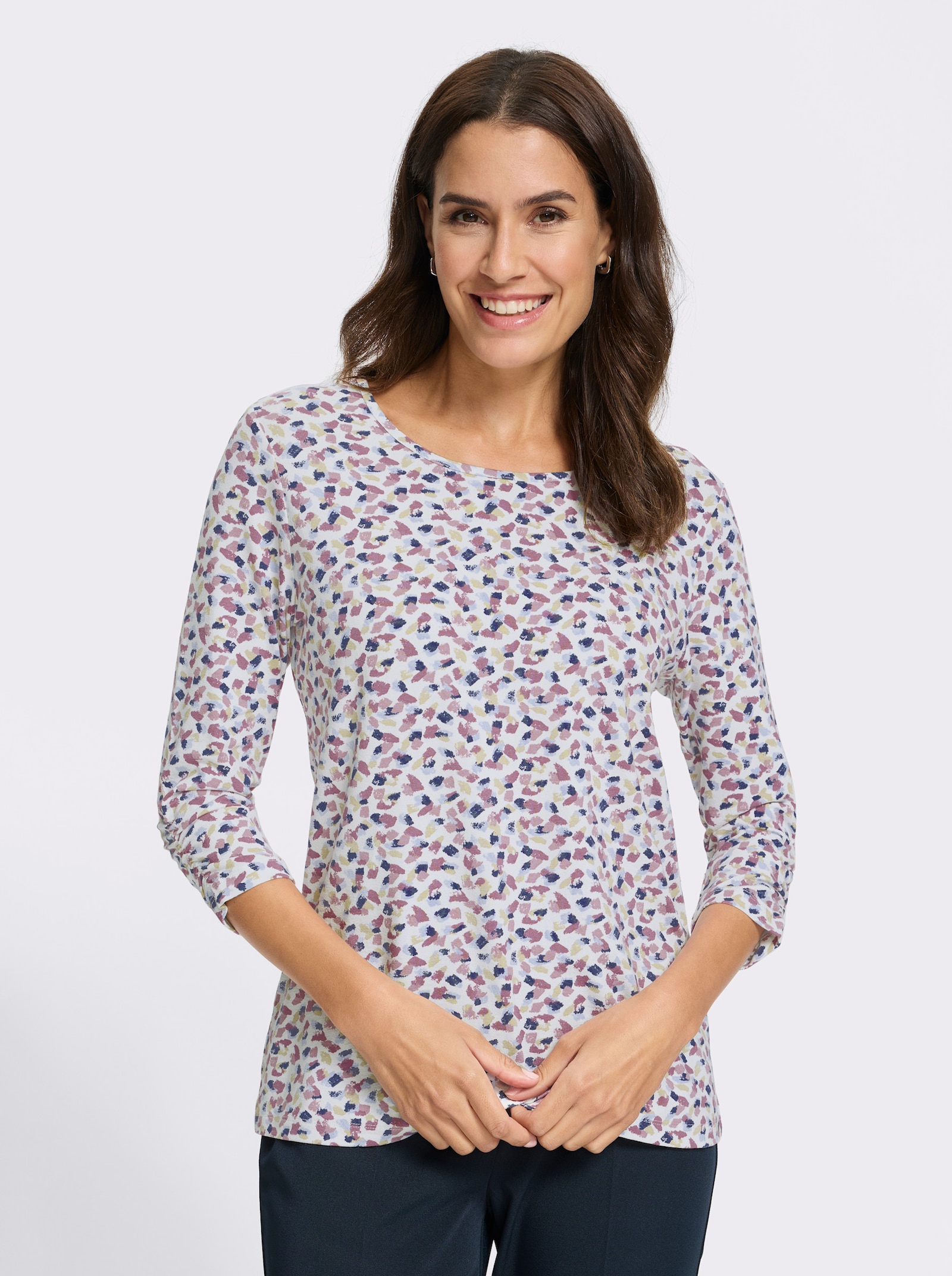 Print-Shirt mit Raffung am Ärmel - ecru-mauve-bedruckt