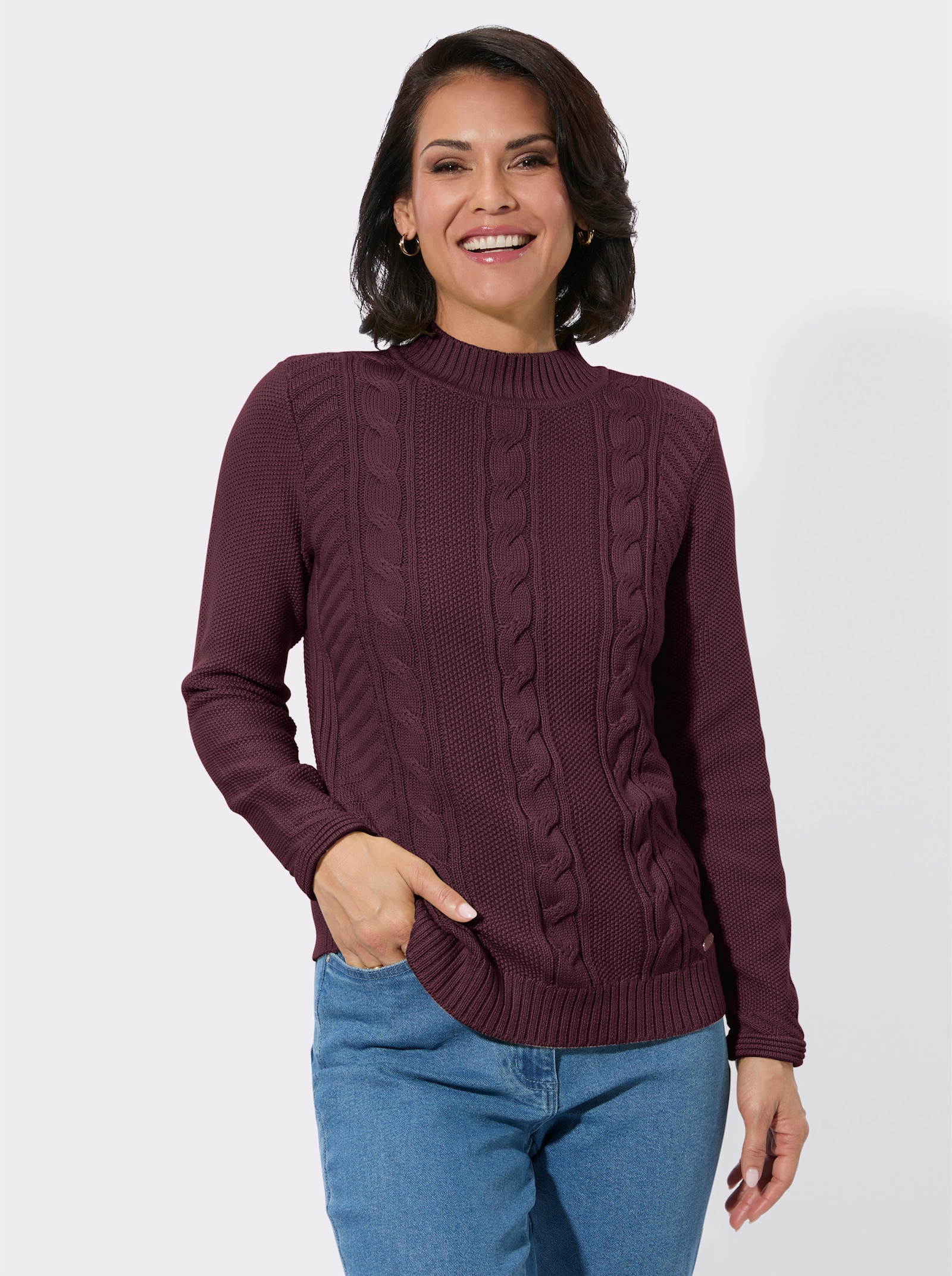 Stehkragenpullover mit Zopfmuster - burgund