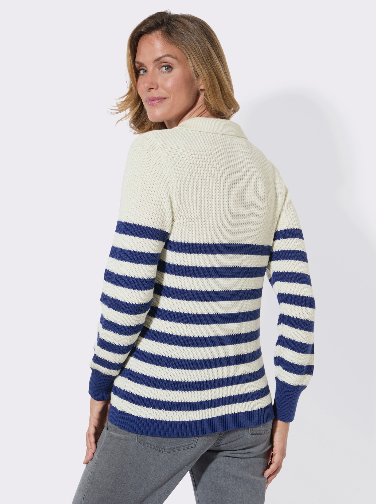 Troyer mit Ringelmuster - ecru-royalblau-gemustert