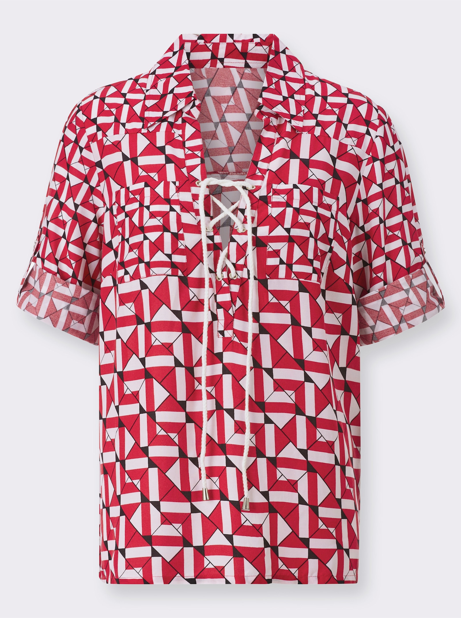 Druckbluse mit Schnürung am AUsschnitt - rot-schwarz-bedruckt