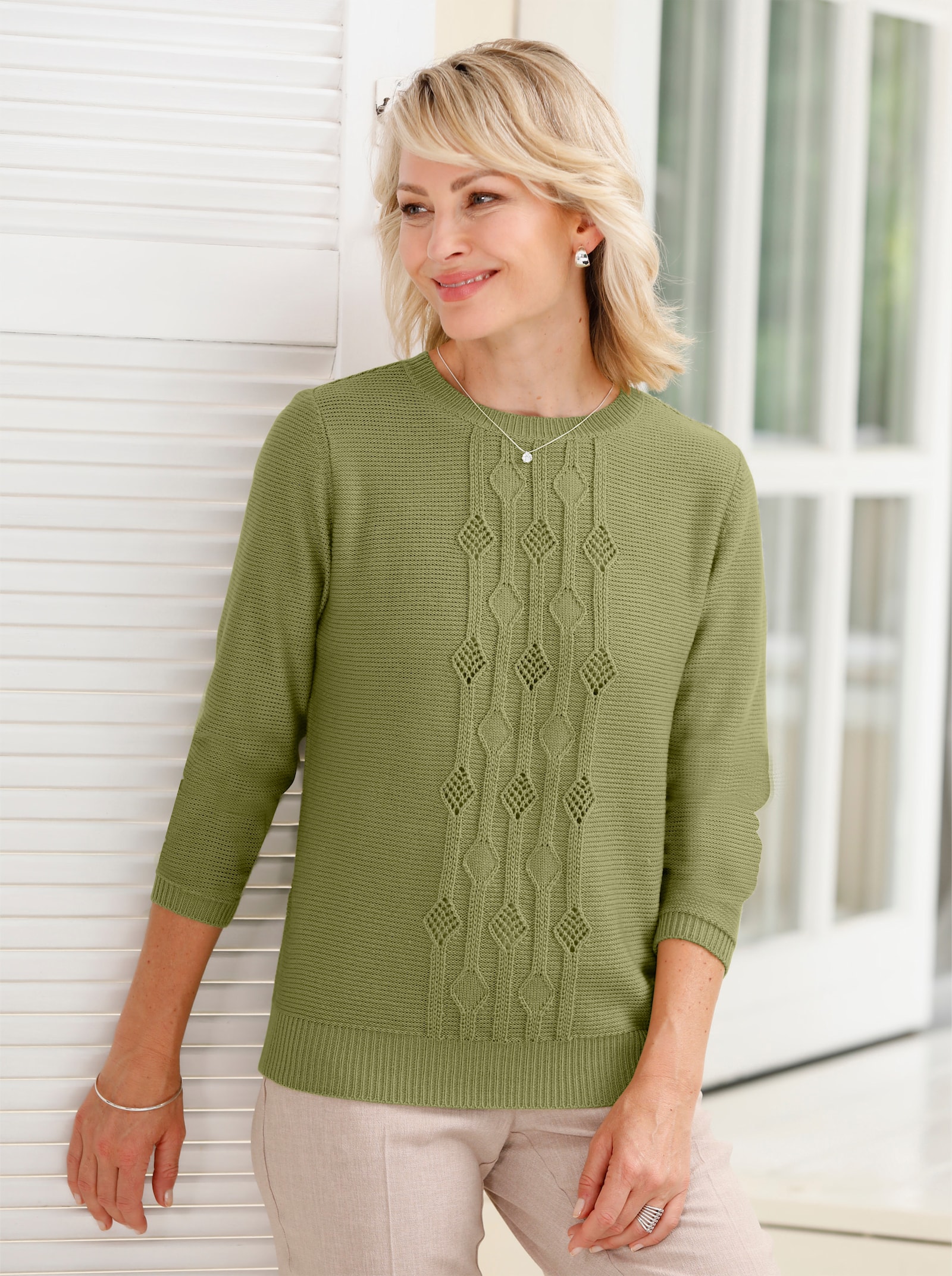 Rundhalspullover mit Strickmuster - schilf