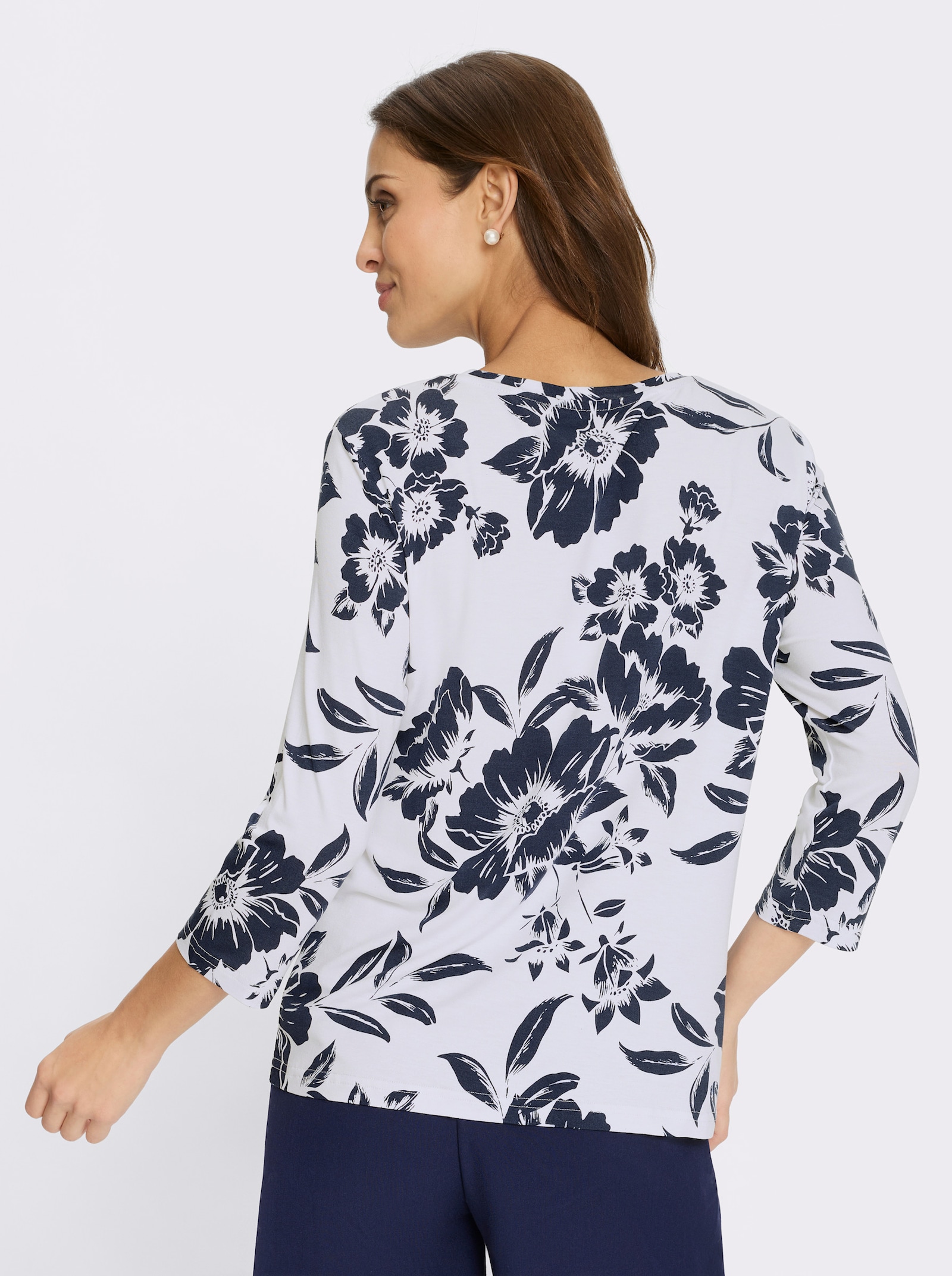 Tričko s potiskem s květinovým vzorem - bílá-námořnická modrá-potisk