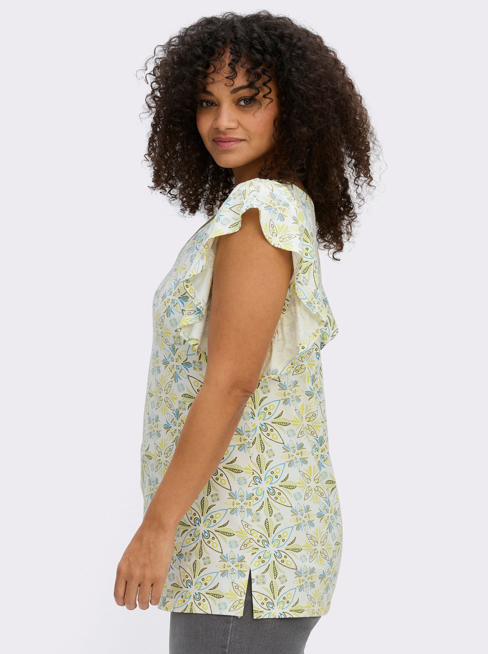 sheego V-Shirt mit Flügelärmeln und Blumenprint - ecru-topas-bedruckt