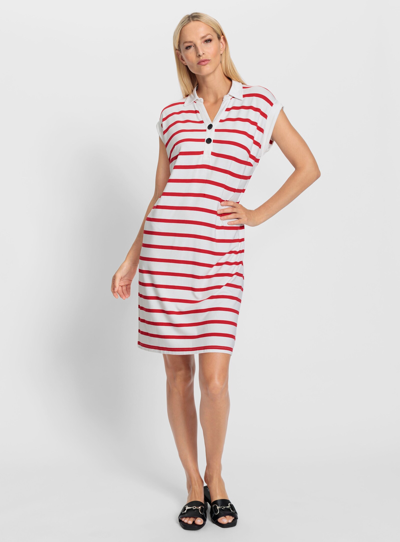 heine Jerseykleid mit Polokragen - weiß-erdbeere-gestreift