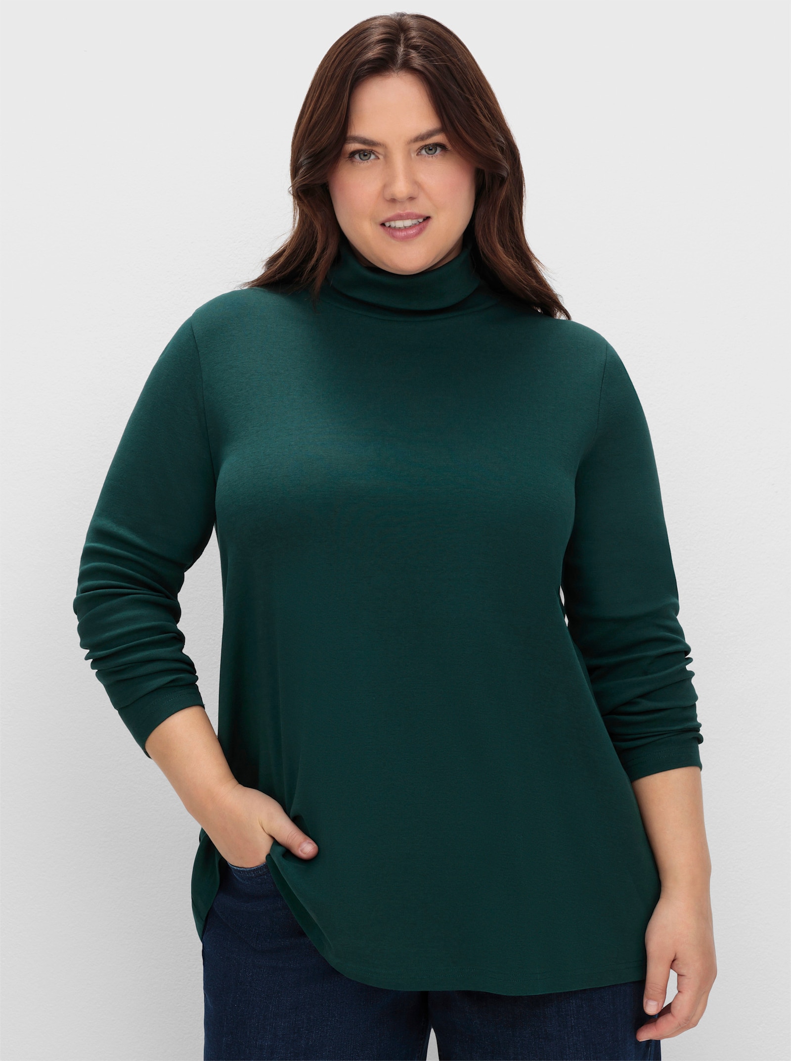 sheego Rollkragenshirt in A-Linie - tiefgrün