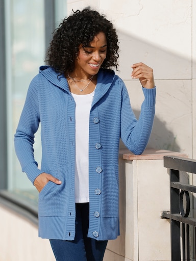 Kapuzenstrickjacke mit Känguru-Taschen - mittelblau