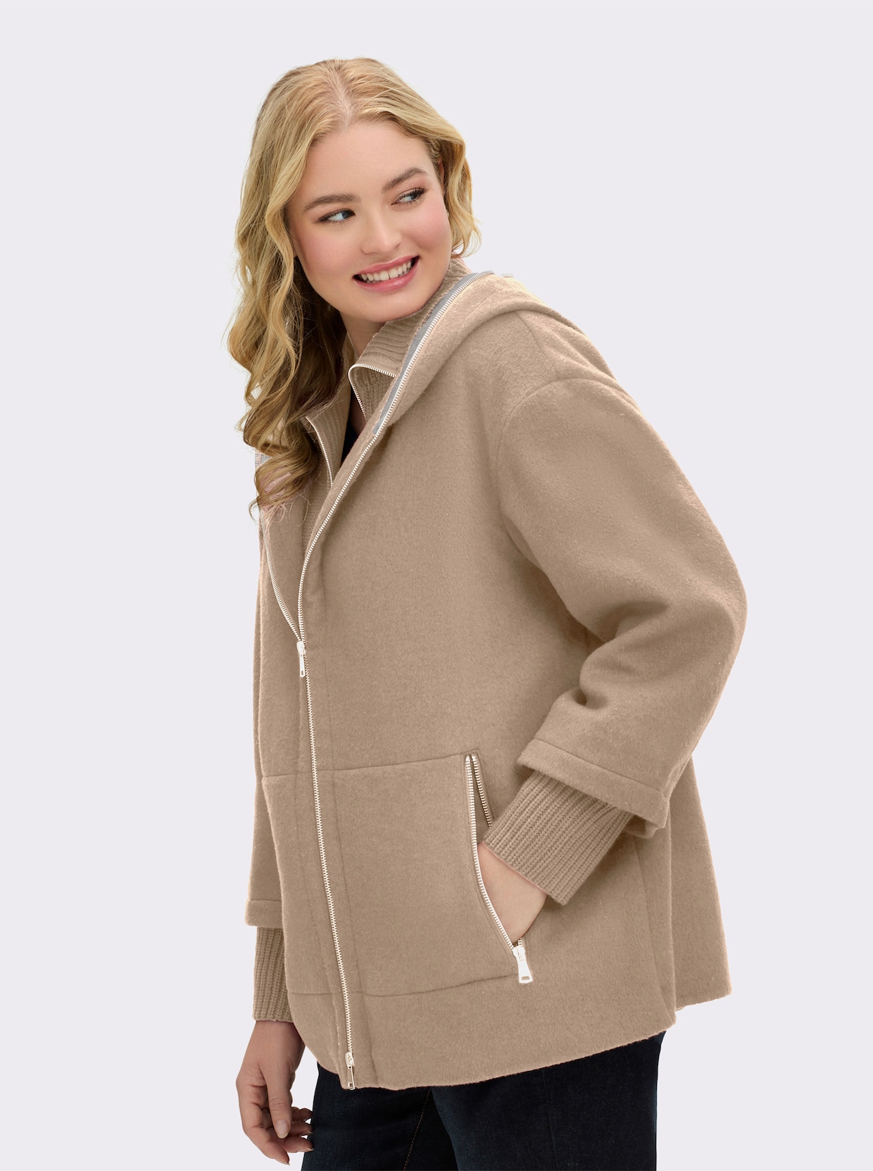 Manisa Wolljacke mit Strickeinsatz am Kragen - camel-sand-meliert