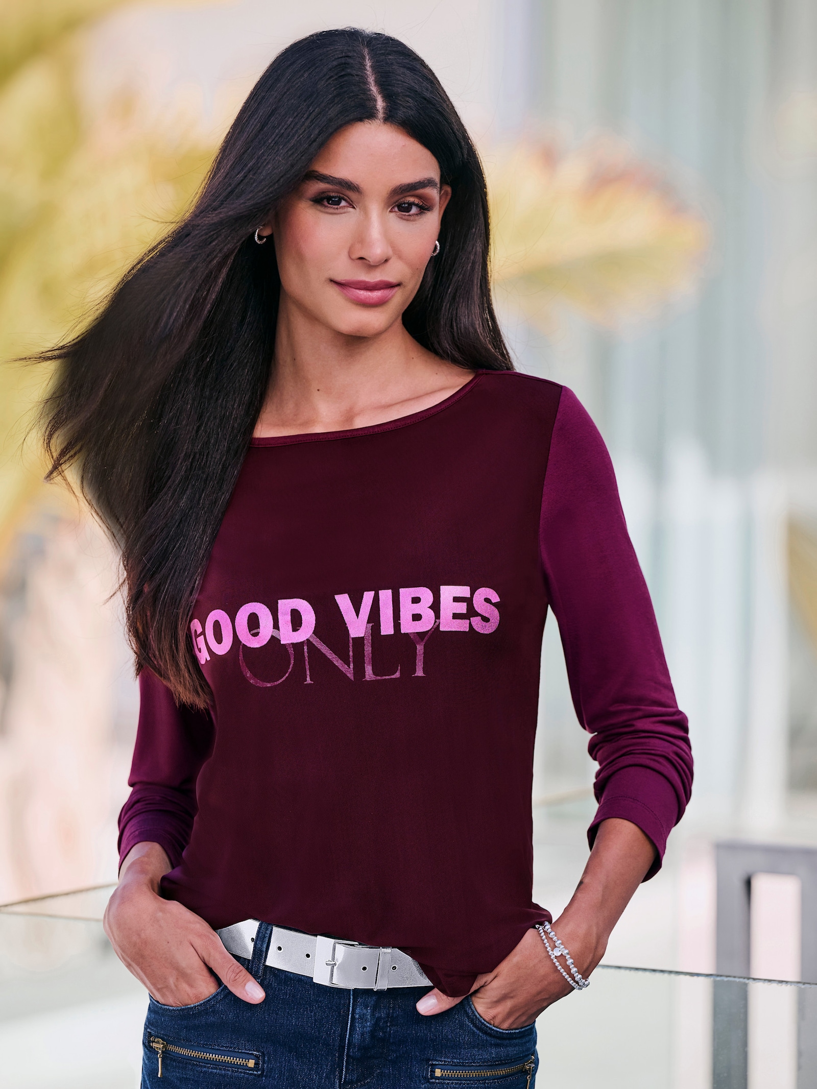 heine Langarmshirt mit Foliendruck - burgund-hellrosé