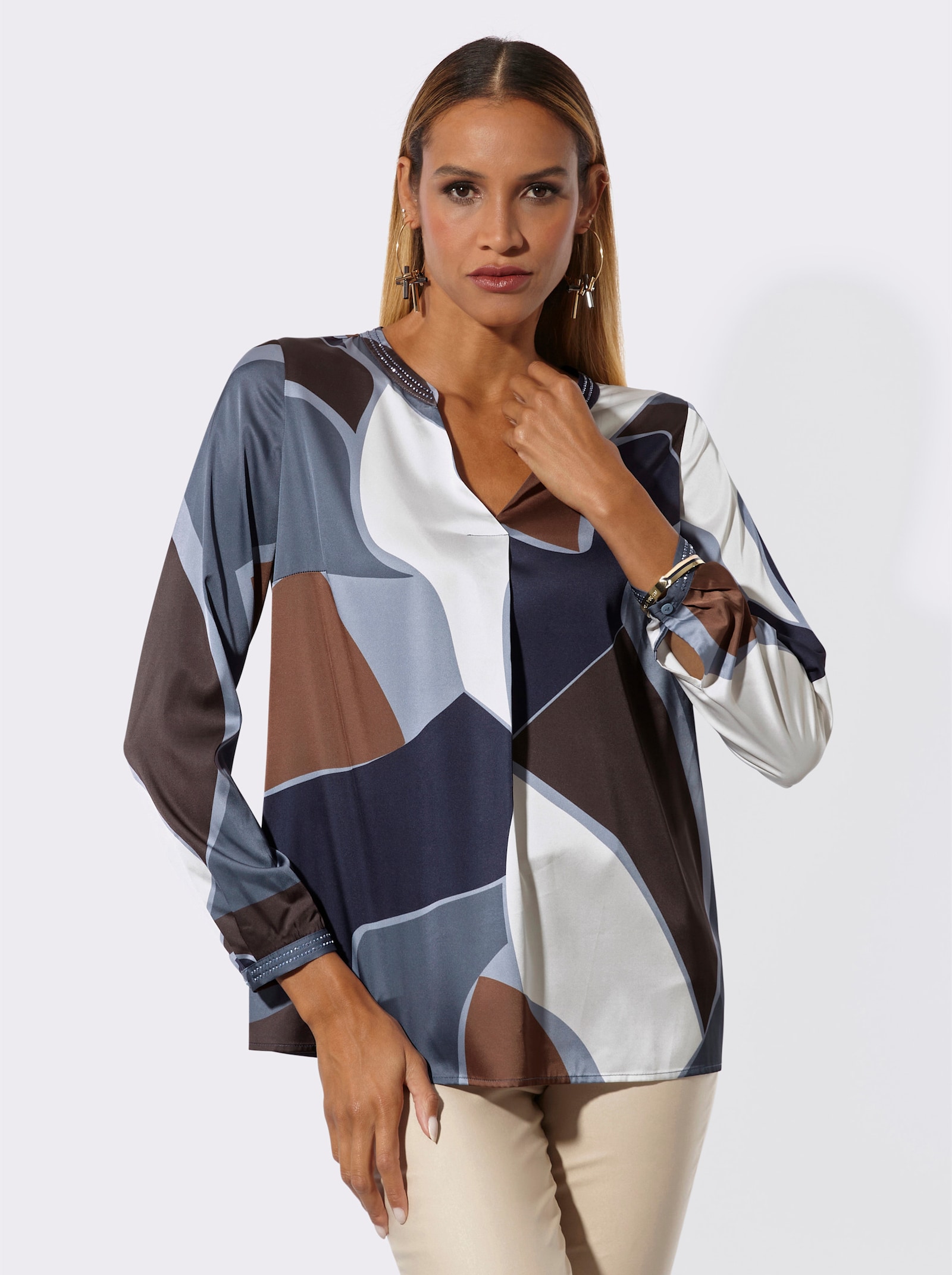 Langarm-Bluse in Satin-Qualität - rauchblau-champagner-bedruckt