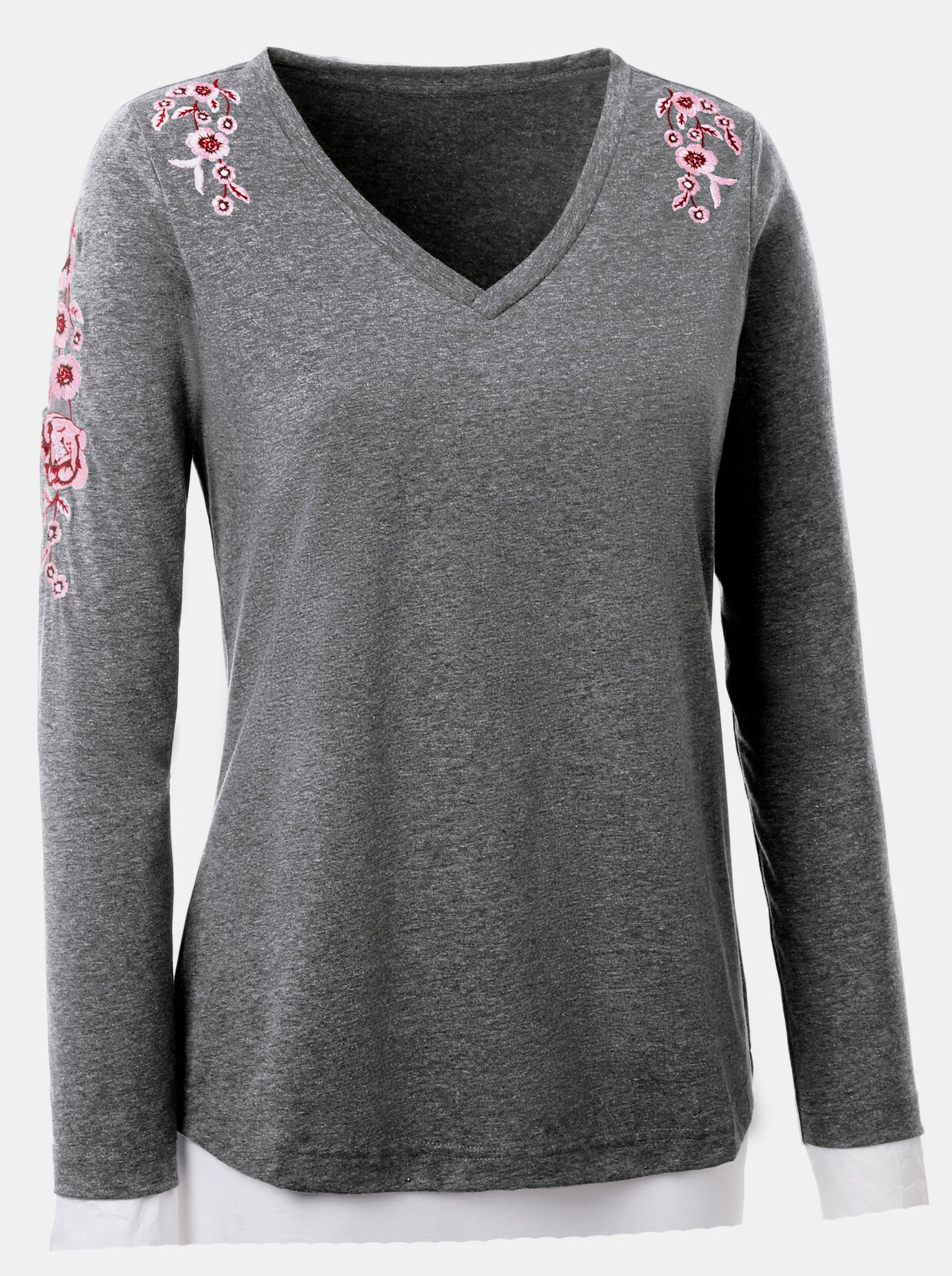 Shirt met v-hals - grijs/roze gedessineerd